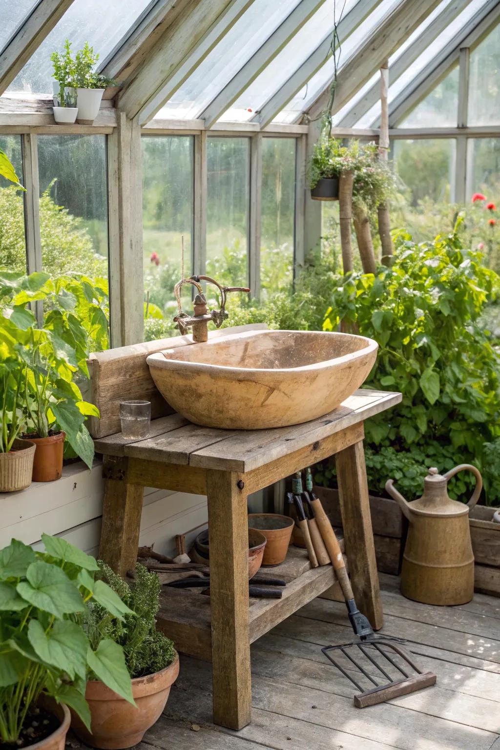 A country-style wooden sink blends perfectly into its greenhouse setting.