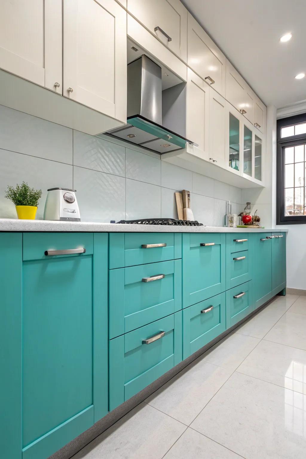 Striking aqua cabinets paired with subtle grey accents craft an impressive visual centerpiece.