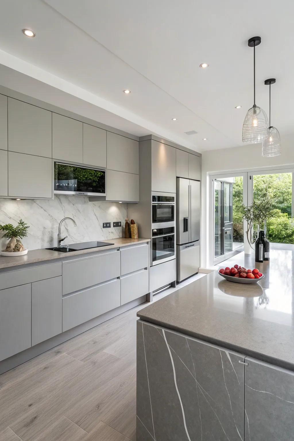 A modern kitchen showcases sophisticated grey mineral stone worktops.