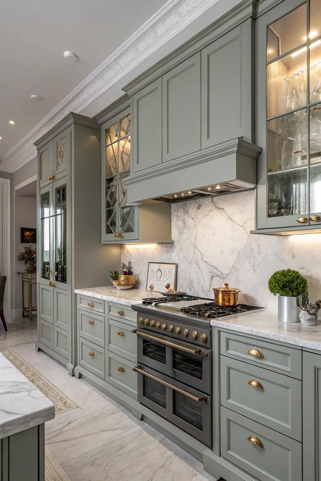 A beautifully balanced kitchen showcasing grey-green cabinets paired with marble countertops.