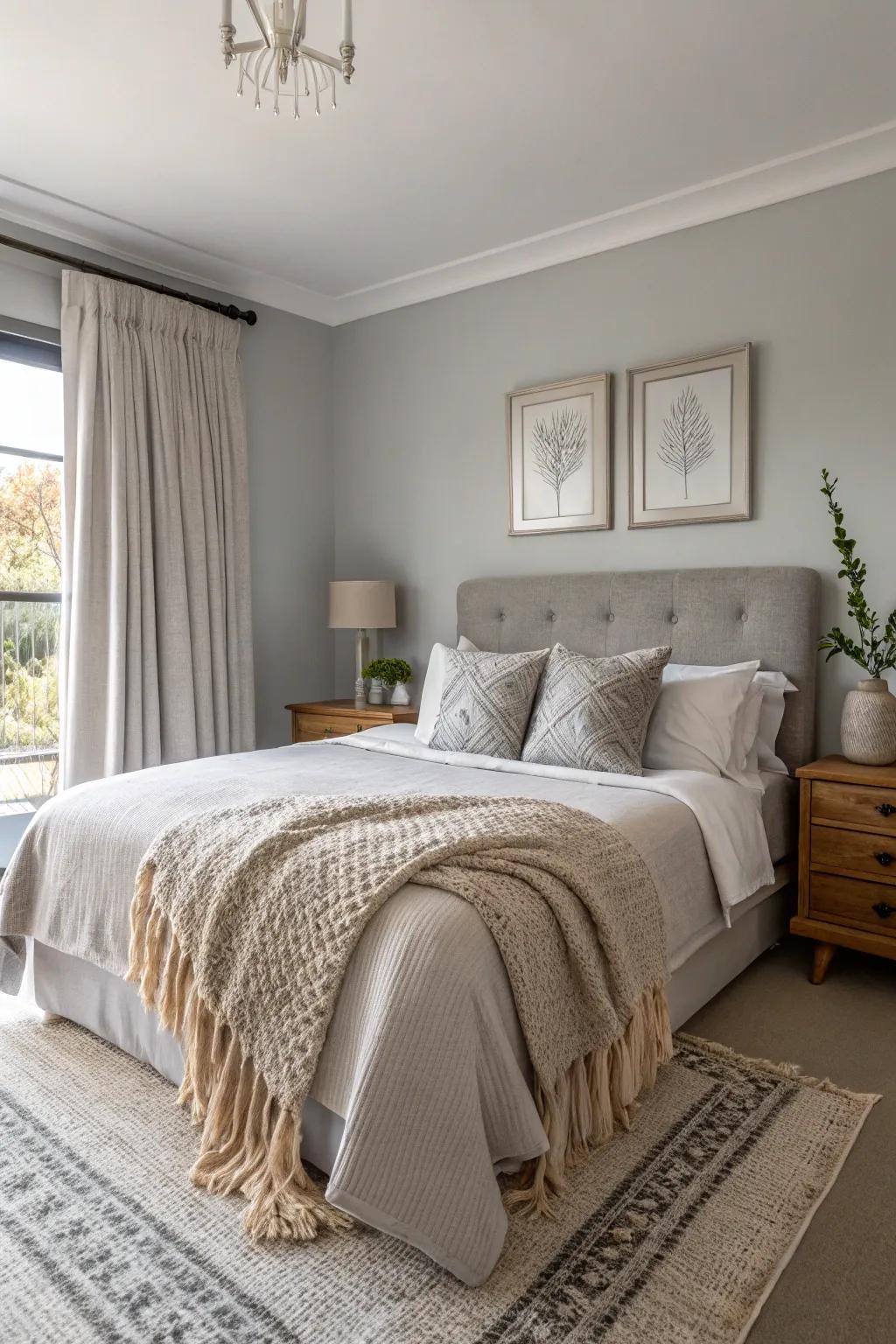 A soothing bedroom escape featuring gentle grey walls and inviting textures.