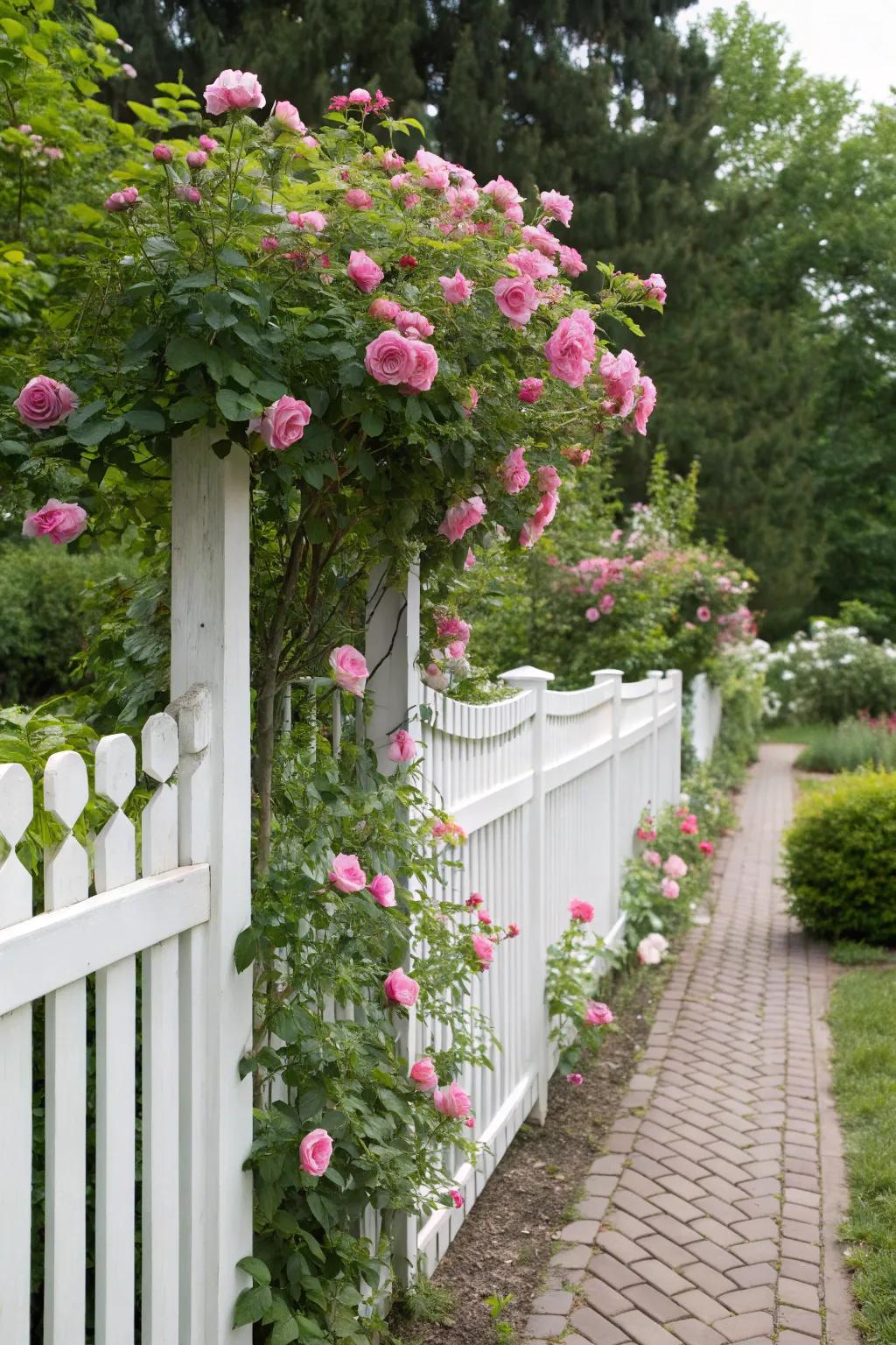 A rose-draped picket fence, a dance of romance in your garden.