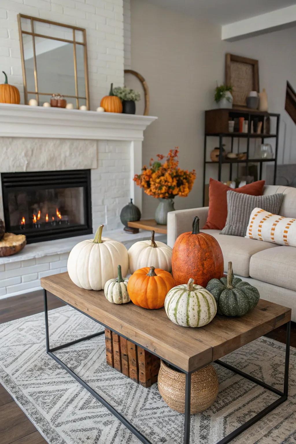 A pumpkin parade adds festive charm to any living room.