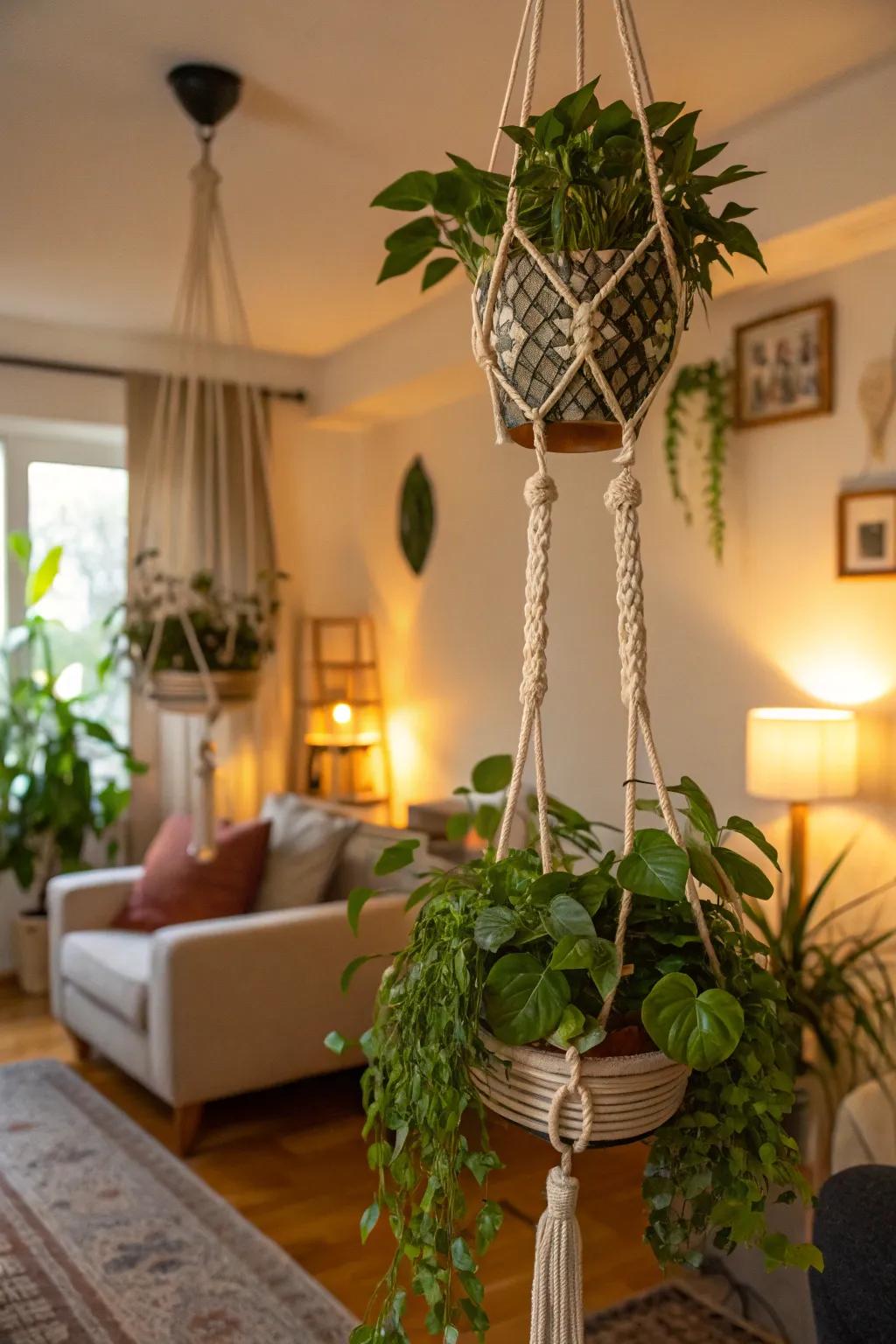 Add bohemian charm with macramé hanging pots.