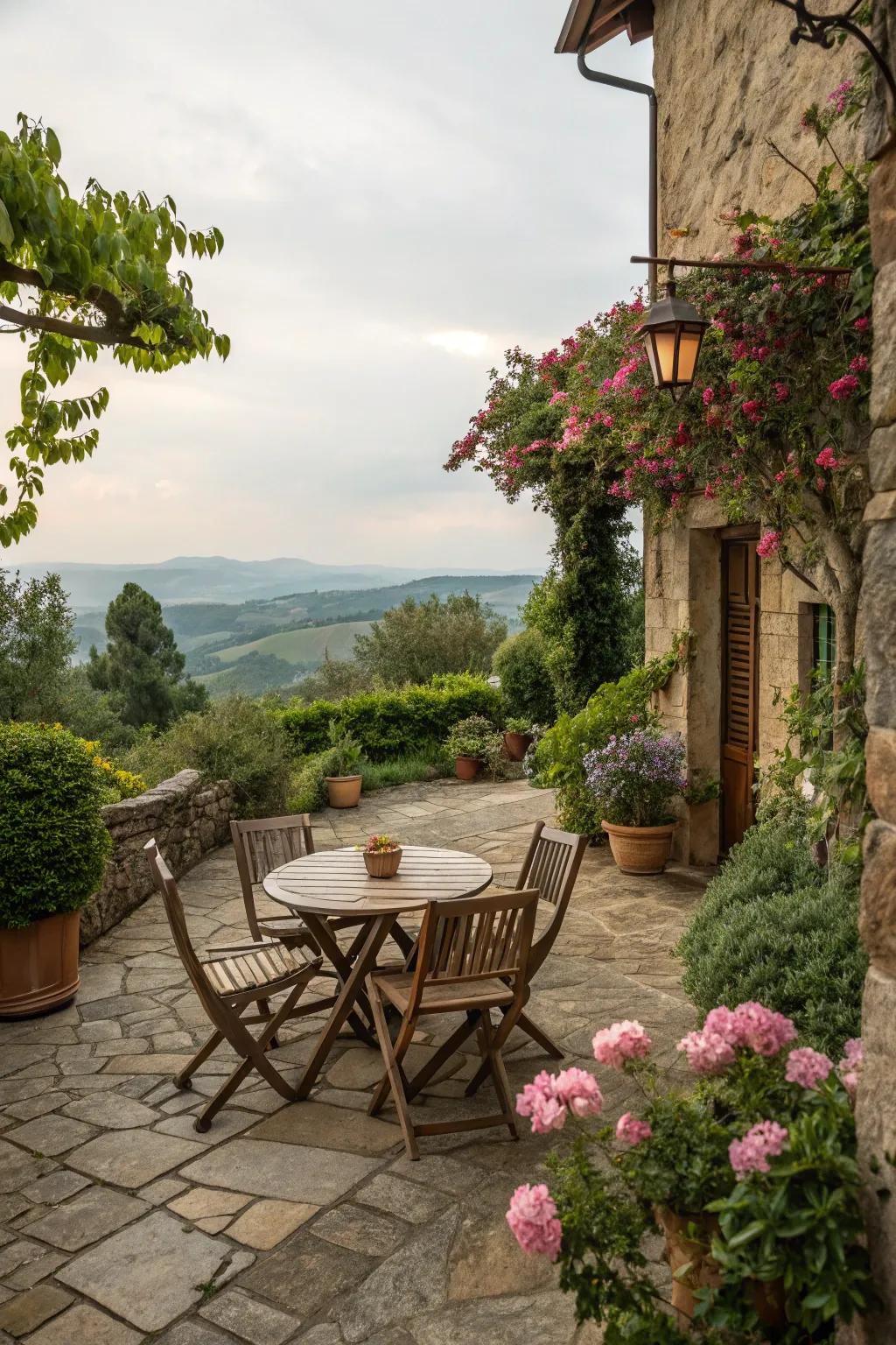 An enchanting stone patio provides a tranquil spot for relaxation.