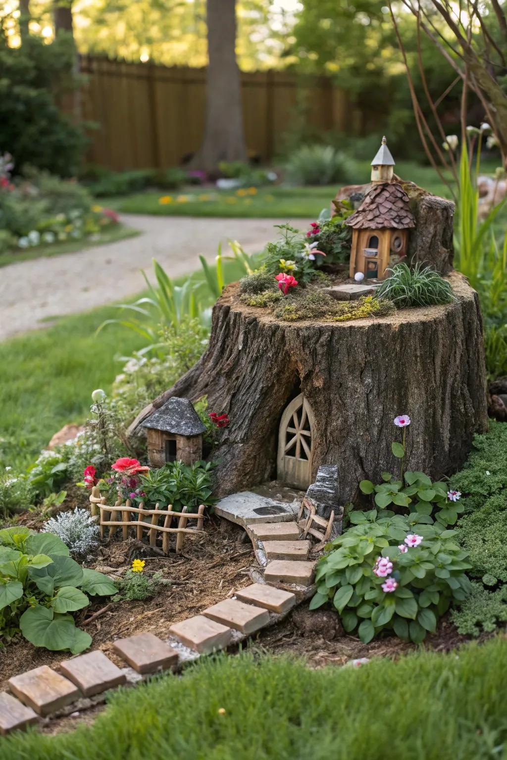 A magical fairy garden nestled within a hollow tree stump.