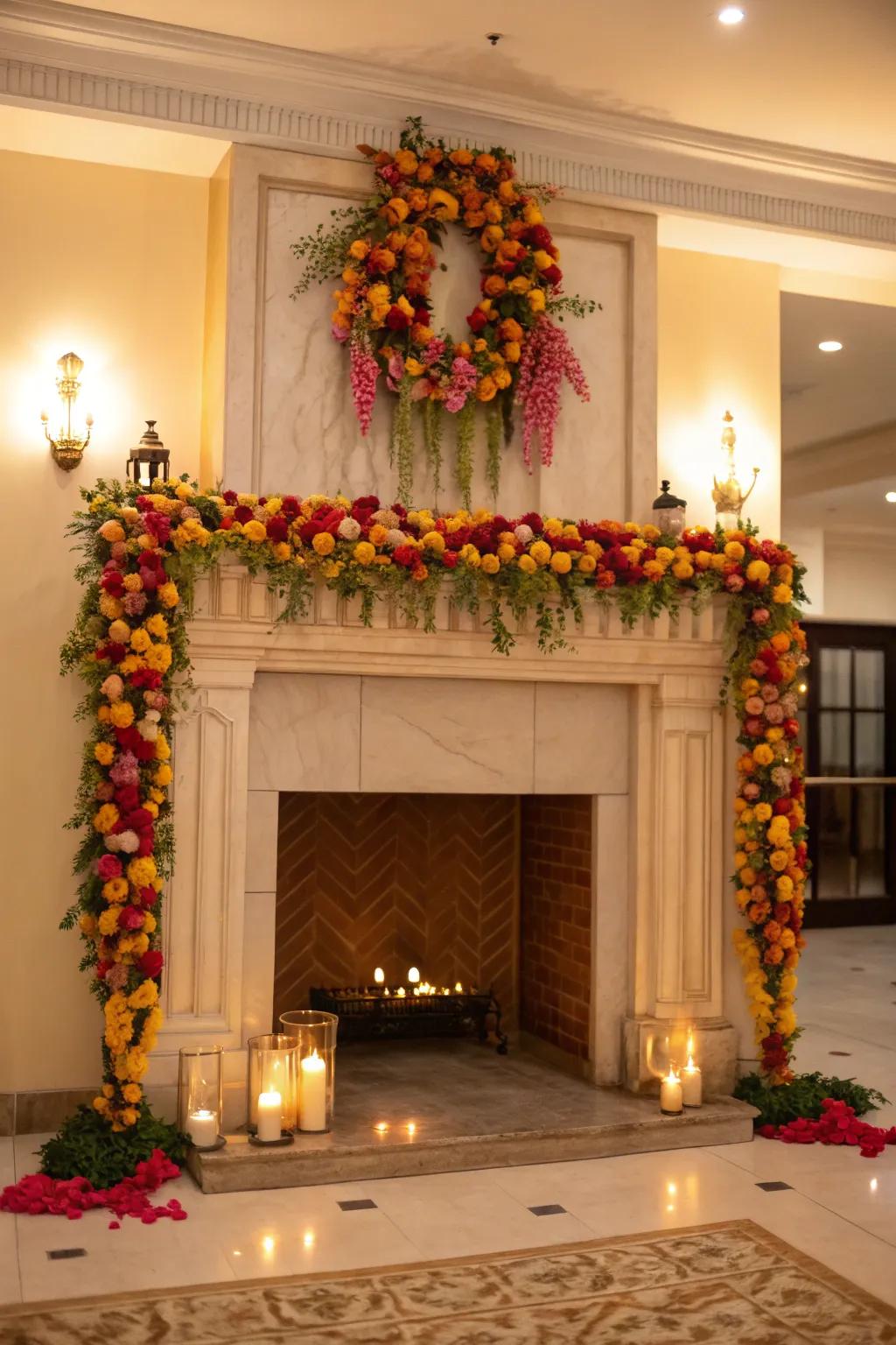 Bright floral garlands transform a simple fireplace into a stunning focal point.