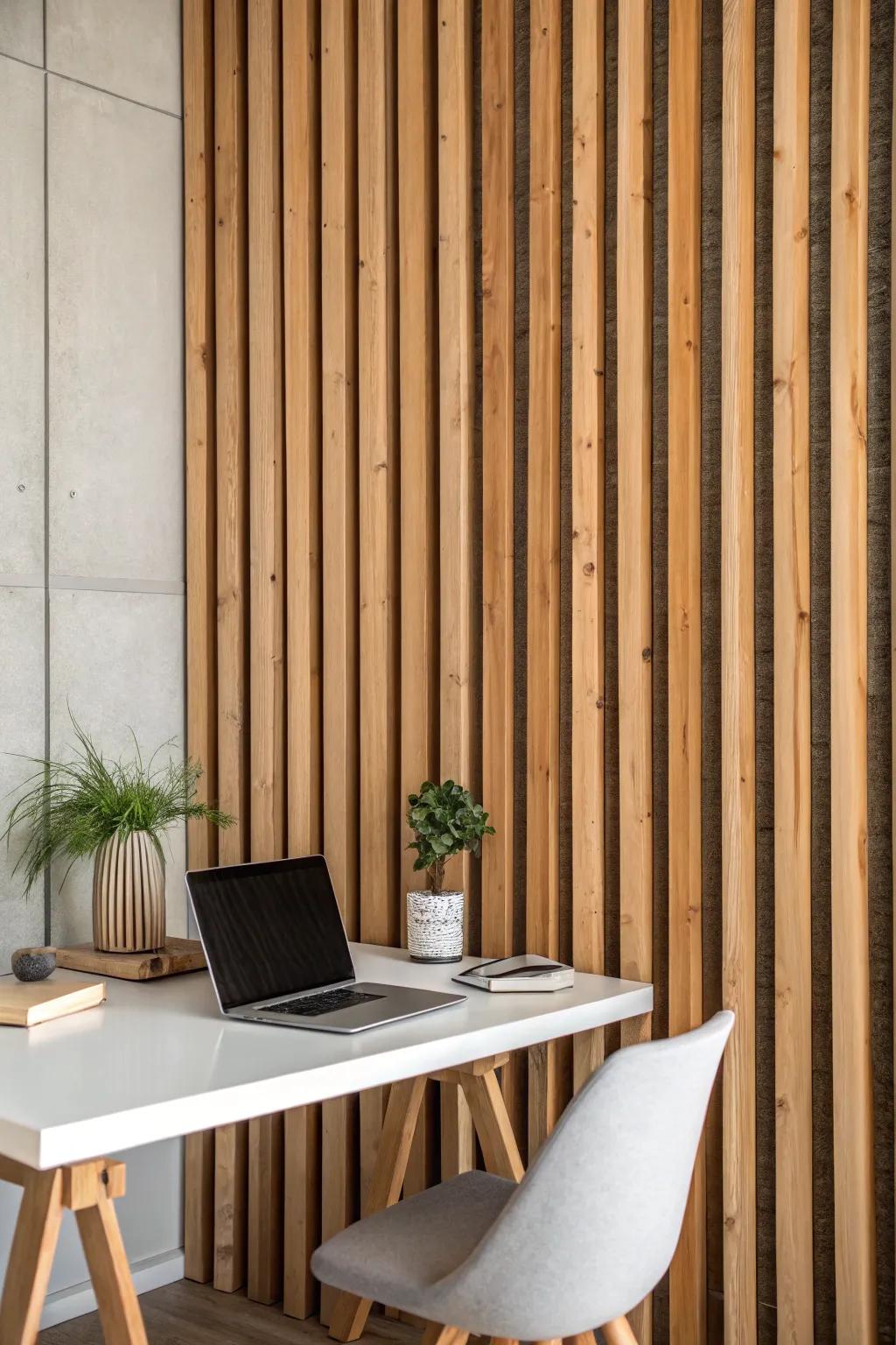 Upright timber panels introduce a tactile dimension and warmth to this home office.