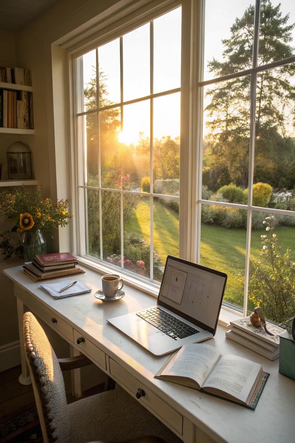 A home office desk perfectly placed to take advantage of natural light.