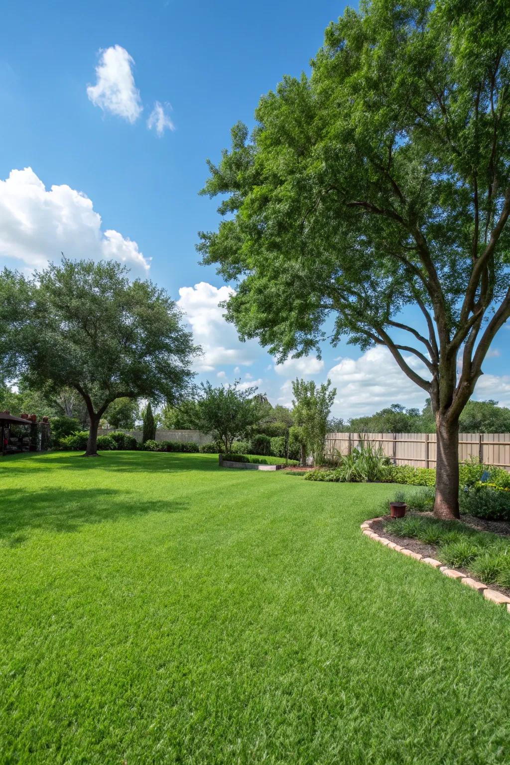 A lush green lawn creates a serene foundation for any Houston garden.