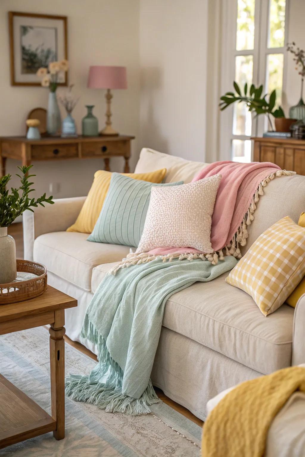 Pastel cushions and throws add a touch of spring to this living room.