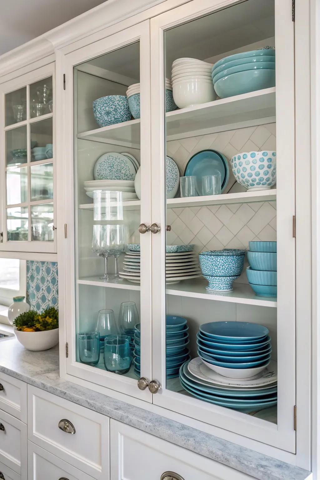 Glass cabinets featuring dishware in a soothing blue and white color palette.