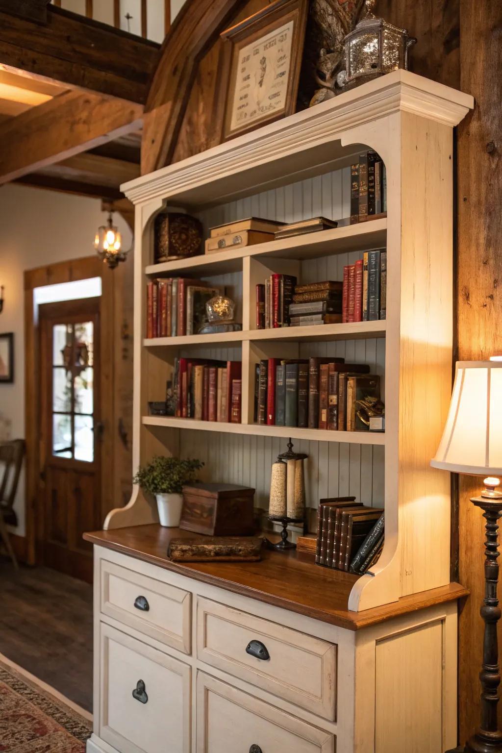Repurpose your hutch top into a wall-mounted bookshelf.