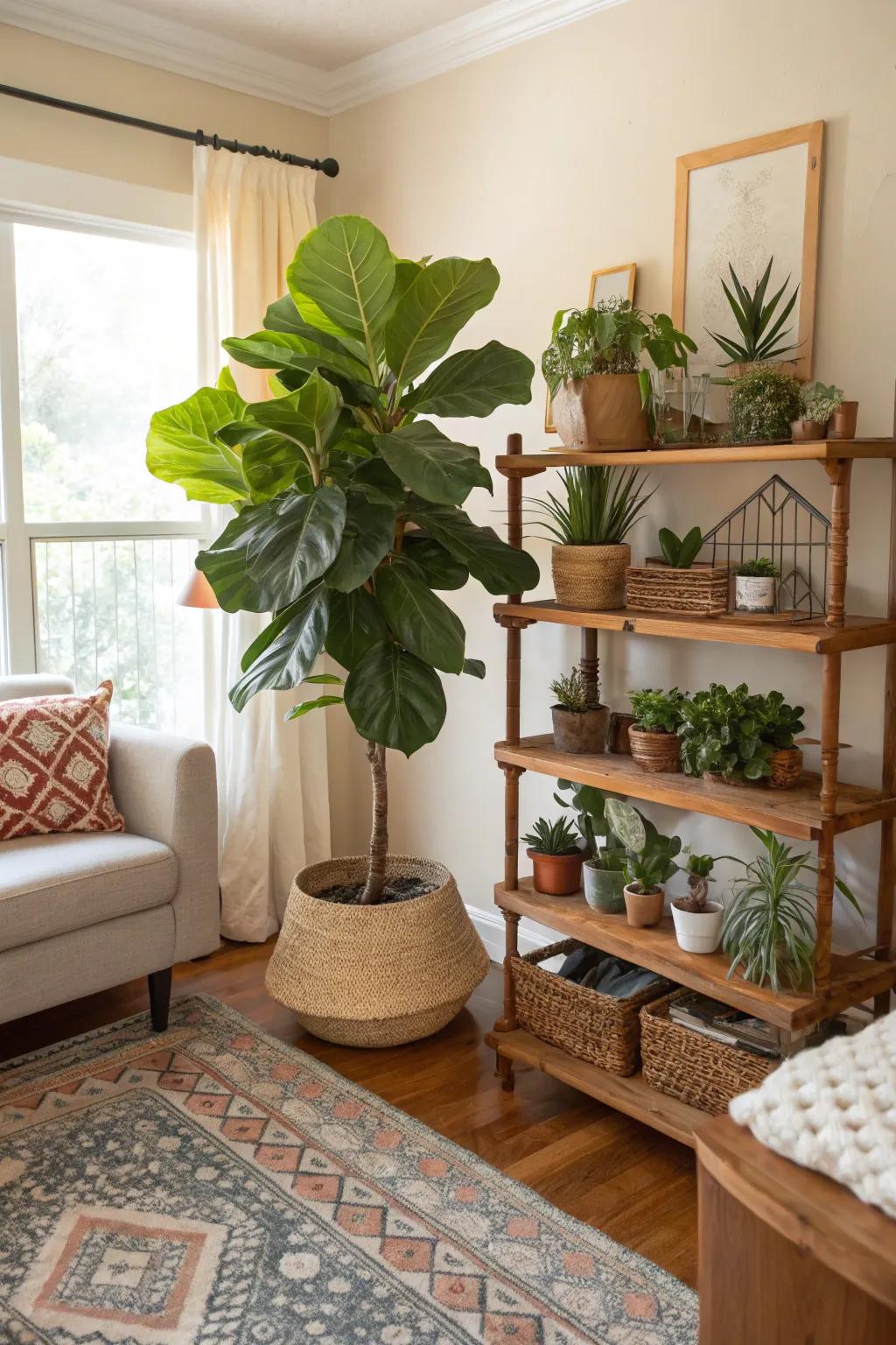 A living room becomes a verdant retreat with an artful blend of plants.