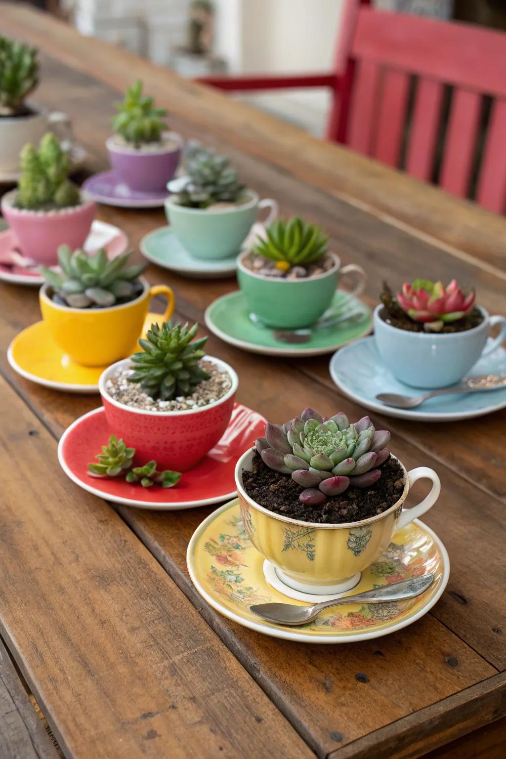 Charming teacups make delightful homes for petite succulents.