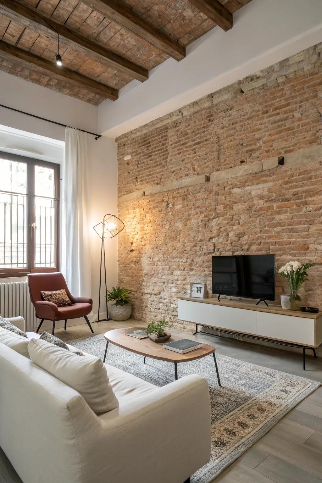 Exposed brick walls infuse warmth and distinctiveness into your industrial-themed living room.