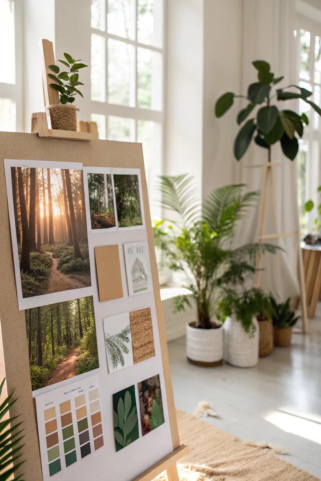 Find design inspiration in nature with a board showcasing greenery and earthy hues.