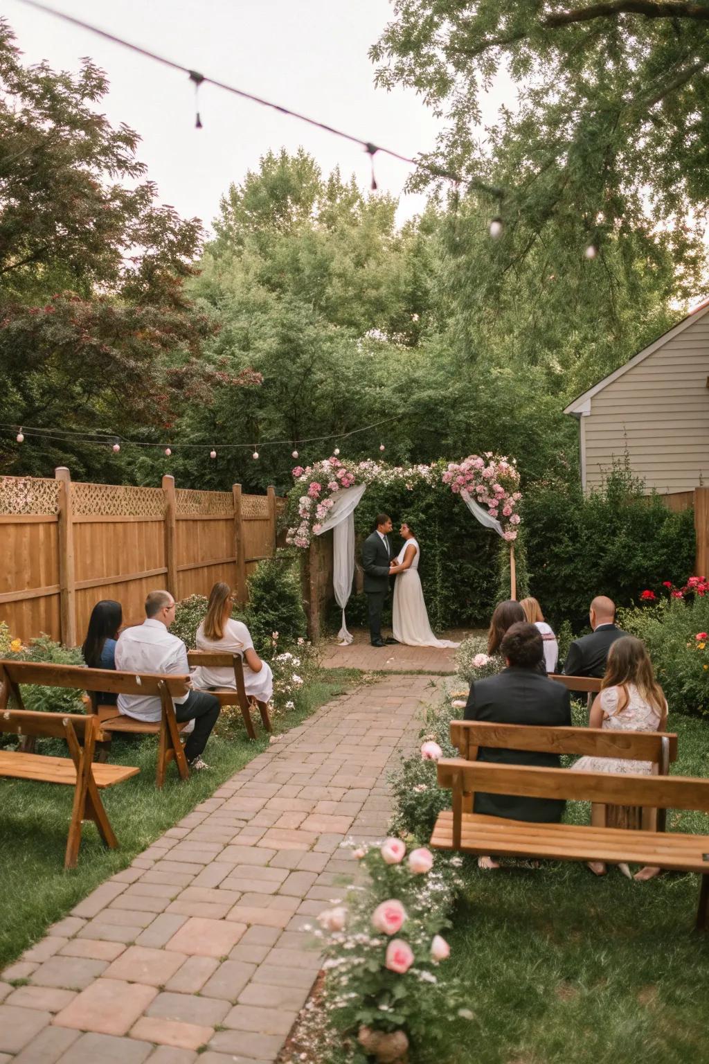 A charming seating arrangement featuring timber benches for an intimate wedding.
