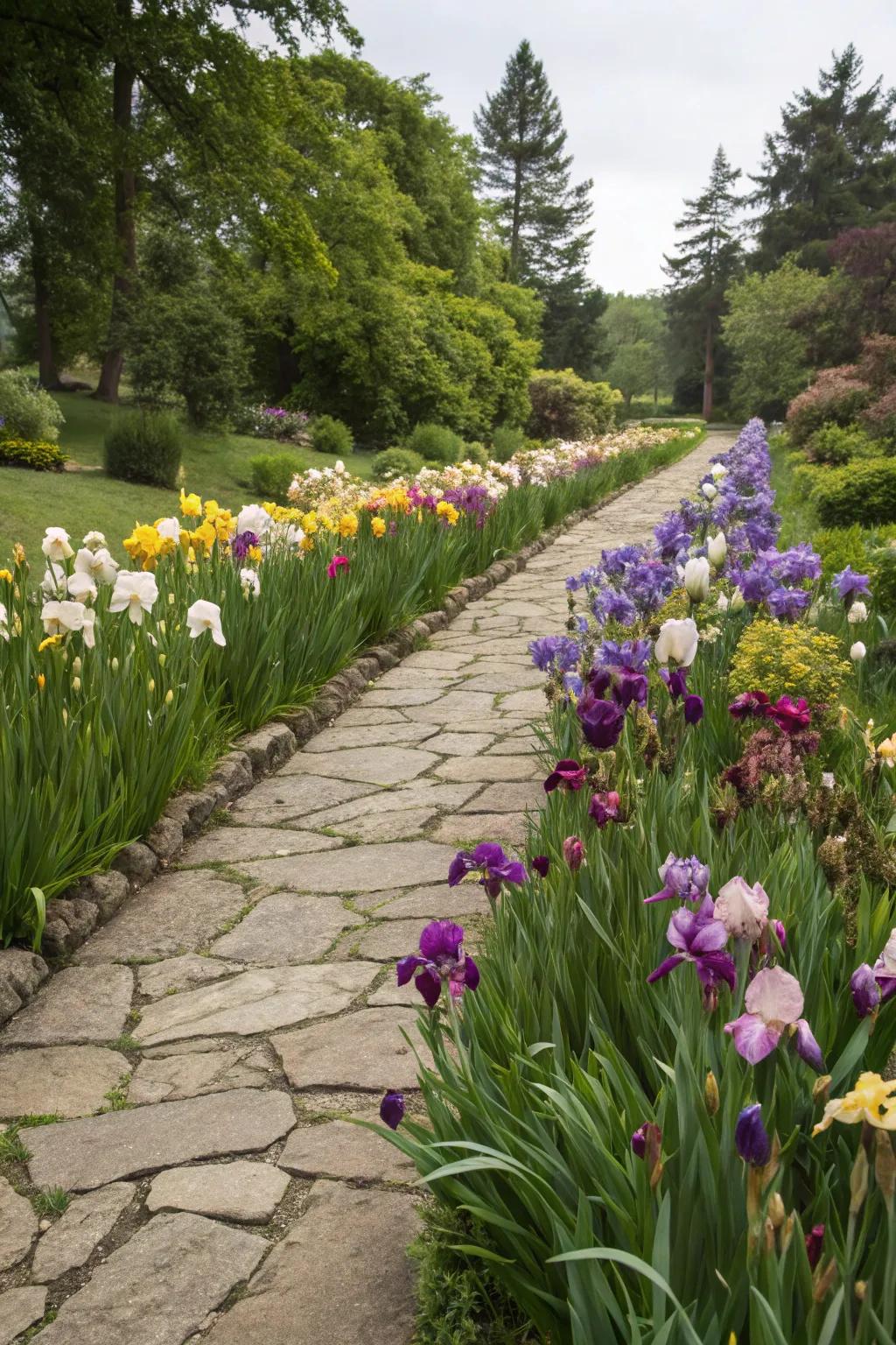 Irises elegantly lining a garden path, adding definition and color.