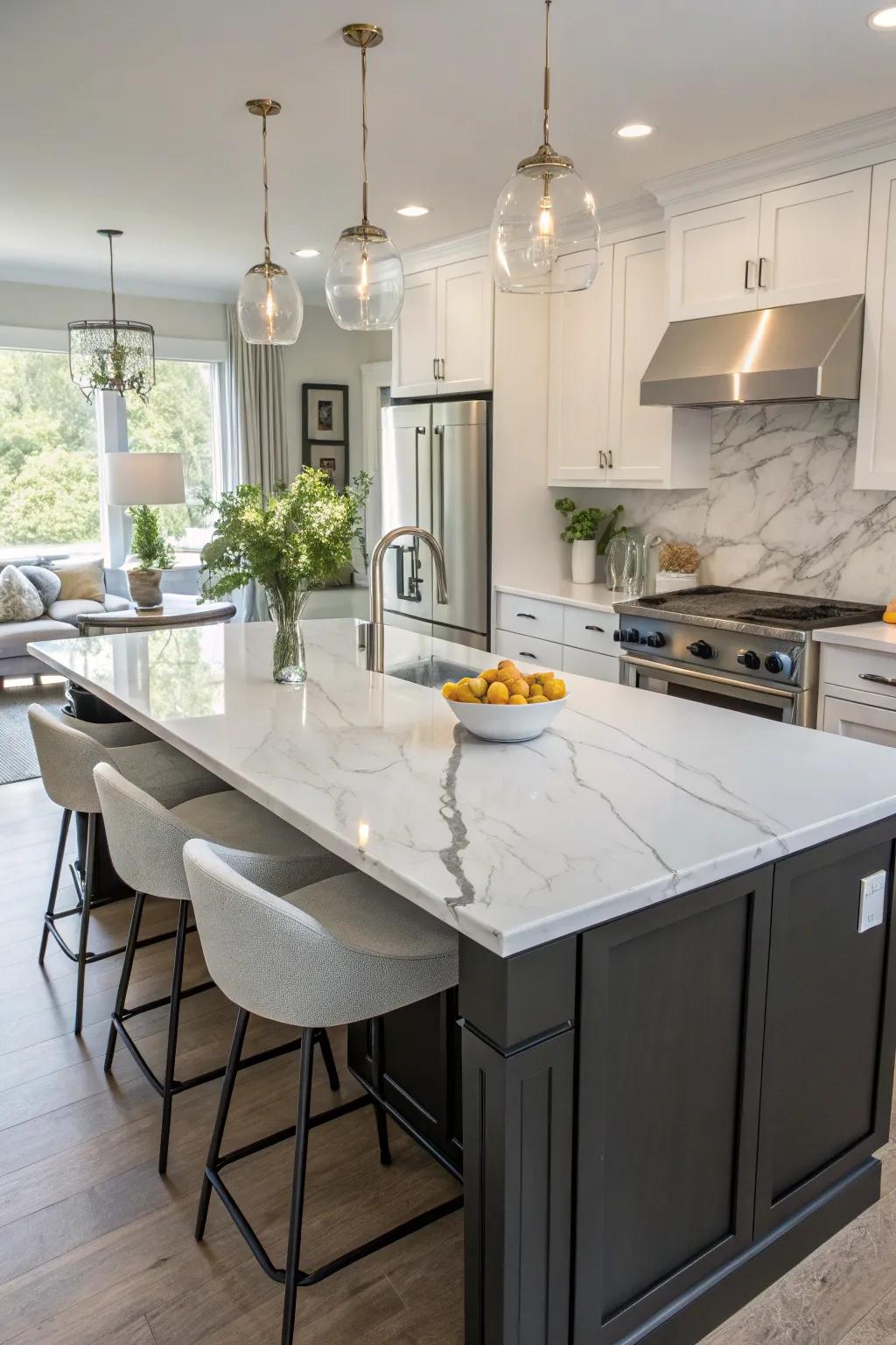 A breathtaking quartzite countertop transforms any ordinary kitchen island into an extraordinary masterpiece.