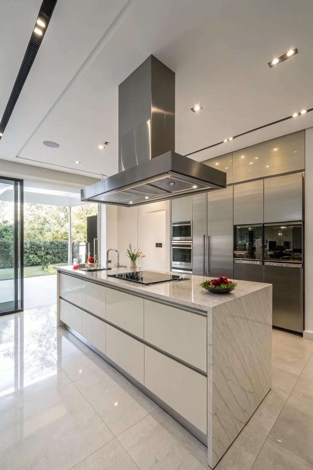 A stainless steel range hood offers sleek elegance and modern appeal.