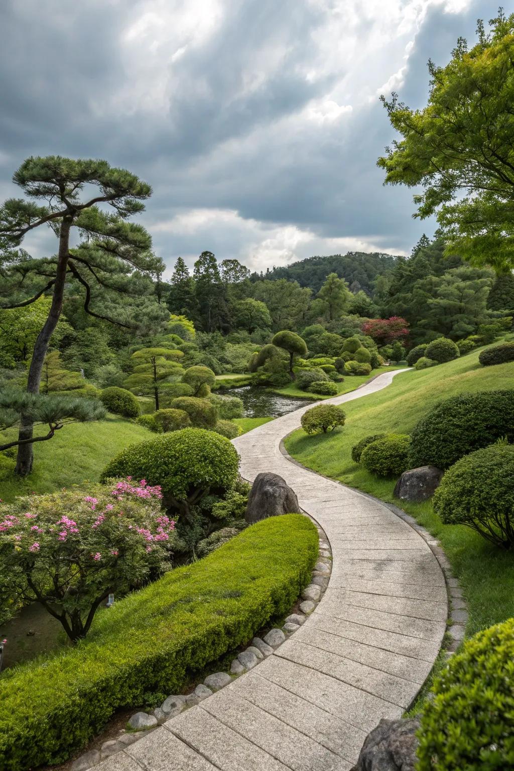 An enchanting stone pathway gracefully meandering through a Japanese garden.
