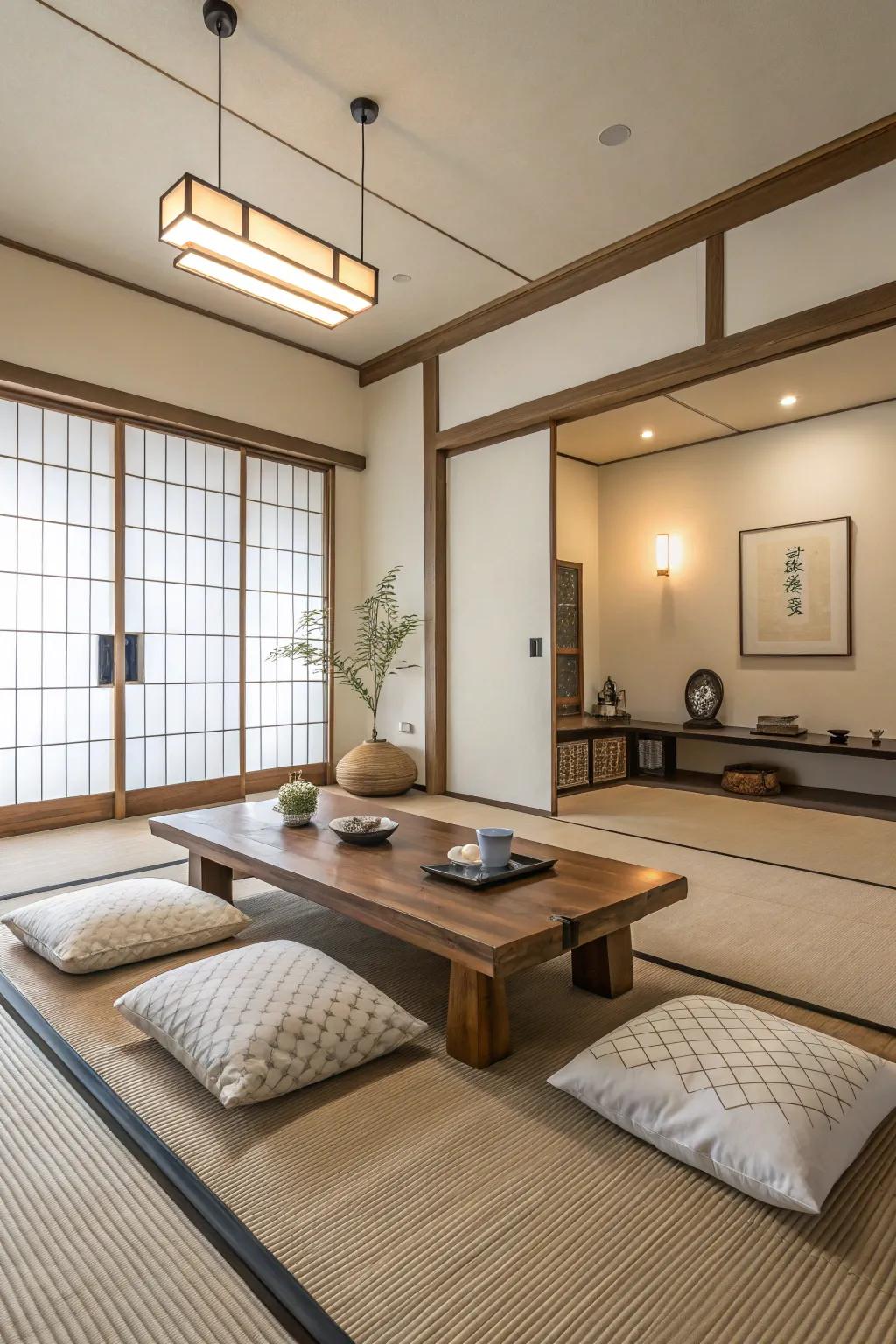 A minimalist Japanese living room exemplifying simplicity and elegance.