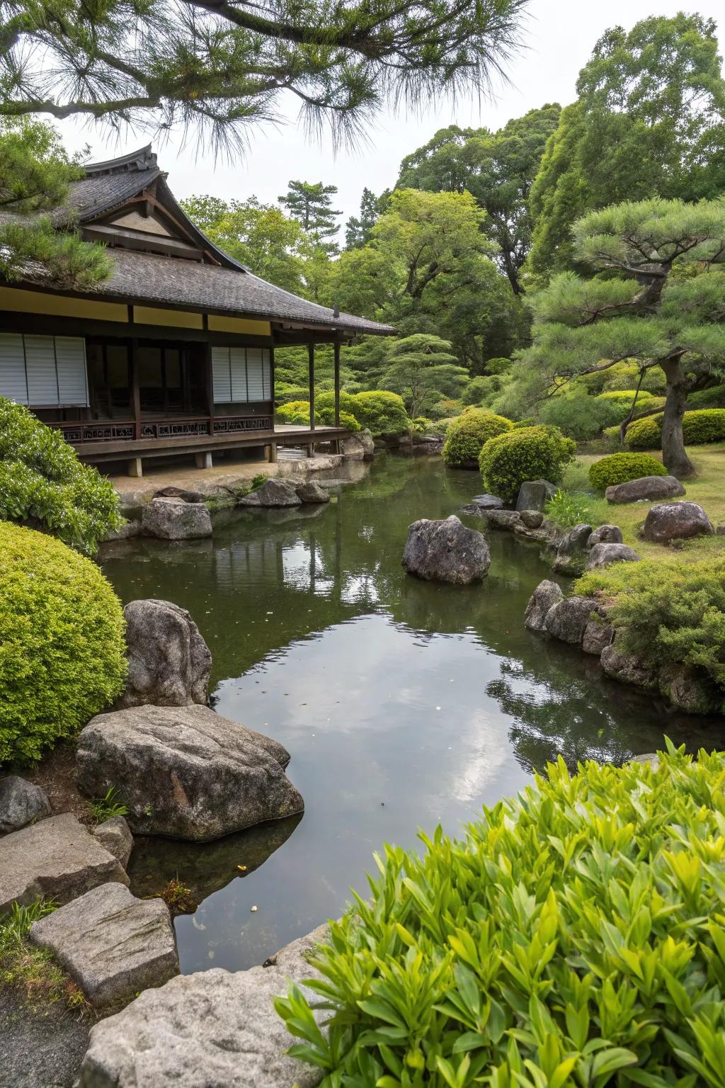 A Japanese garden featuring a small pond fringed with rocks.