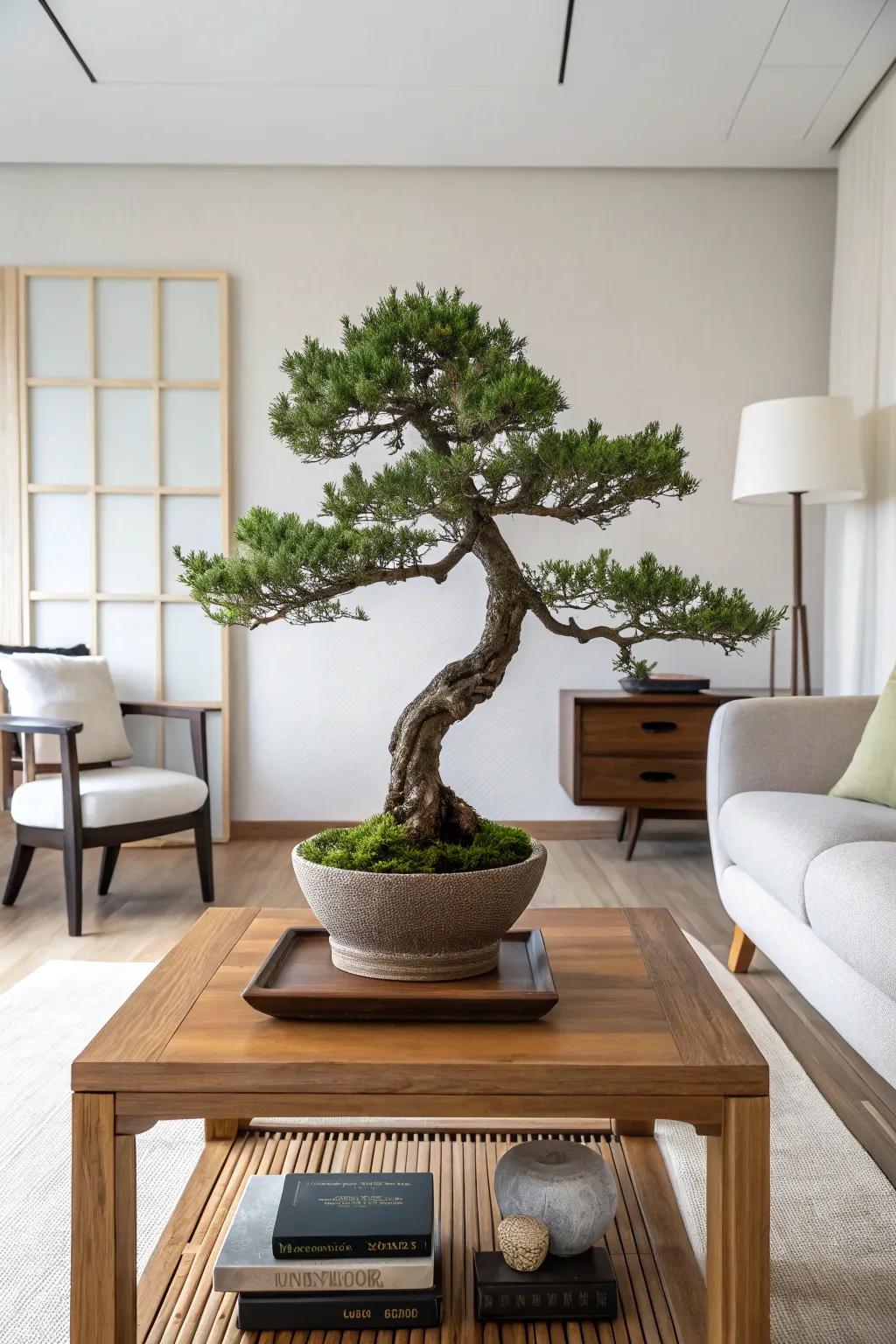 A classical vertical juniper bonsai enhancing a minimalist living space with grace.