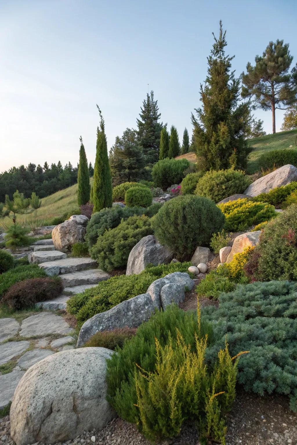 A calming hillside sanctuary created with rocks and junipers