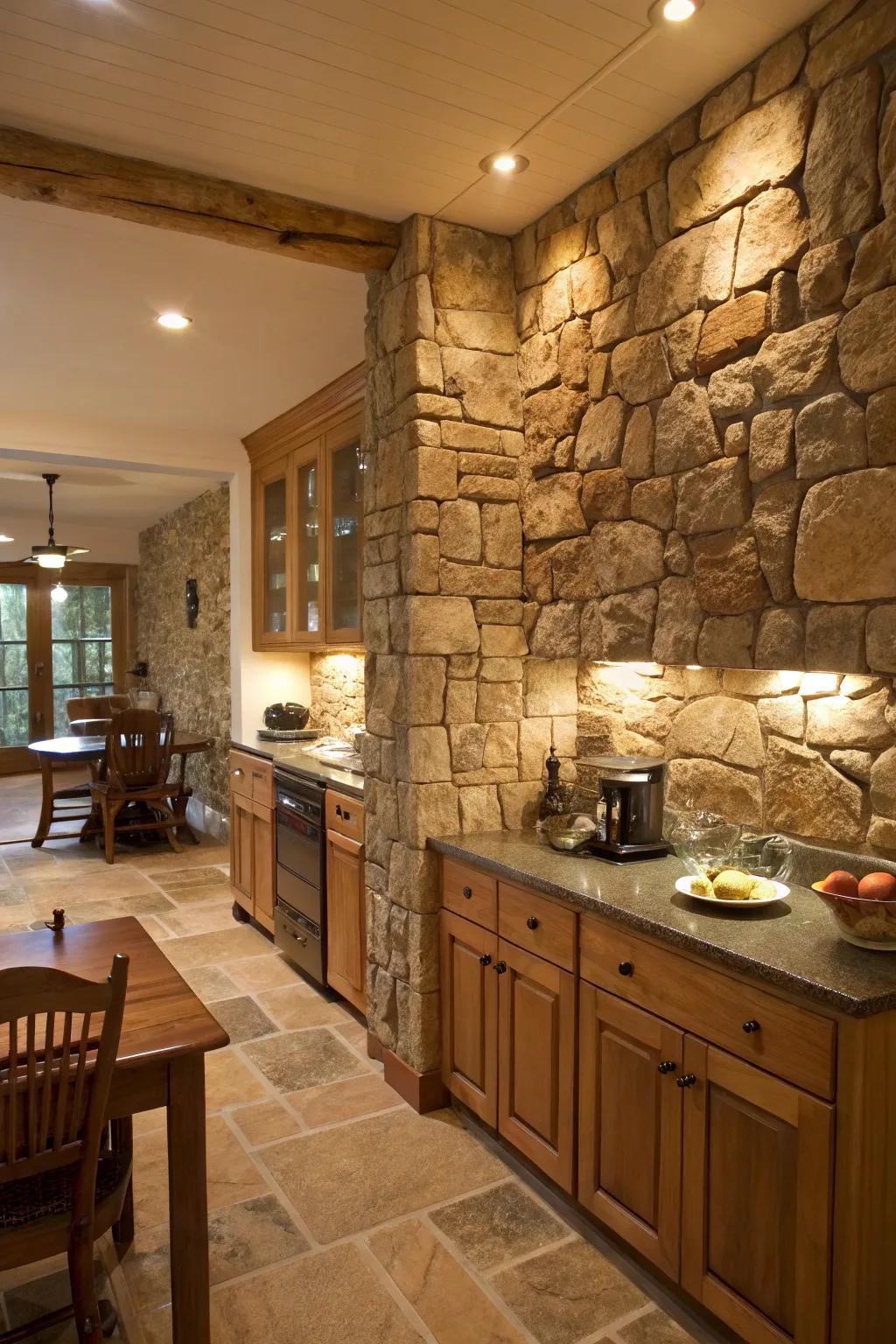 Rustic kitchen featuring a textured stone accent wall.