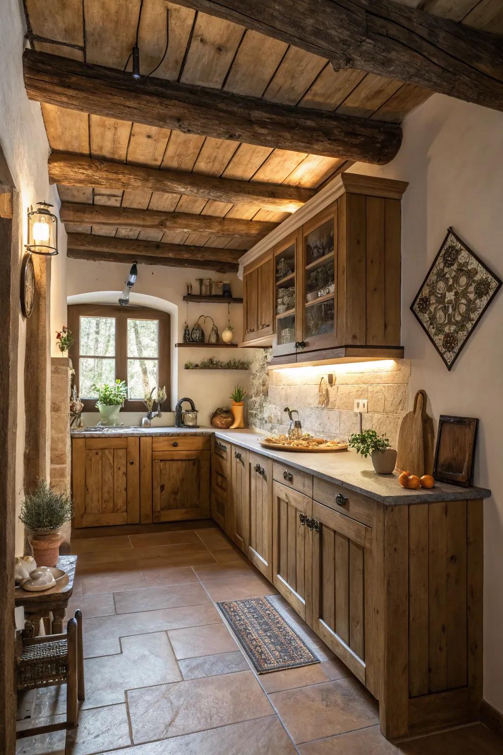 Farmhouse charm with rustic beams and wooden cabinets in a kitchen alcove.