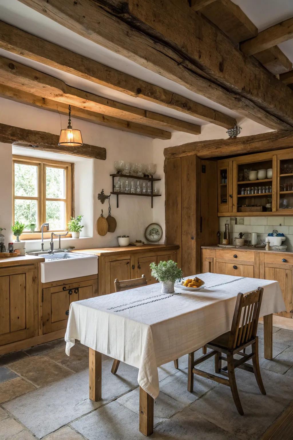 Exposed wooden beams bring timeless rustic charm to your kitchen.