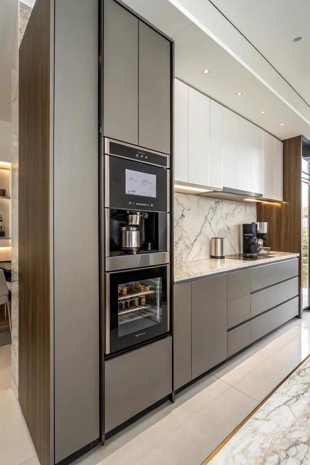 An integrated coffee machine seamlessly incorporated into modern kitchen cabinetry.