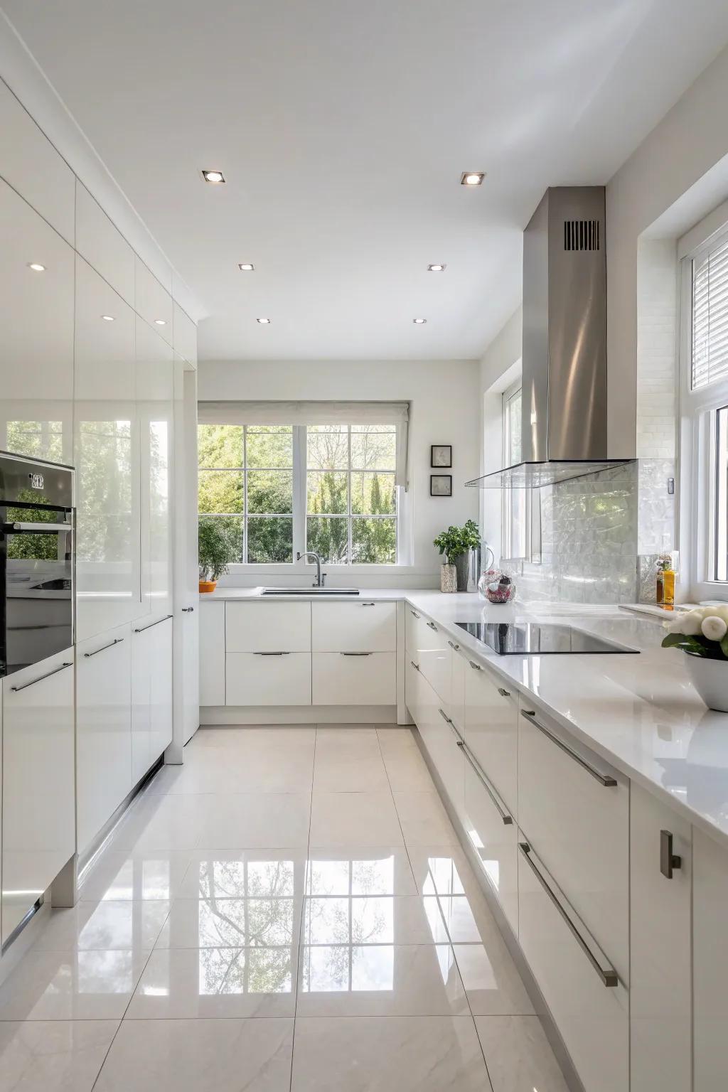 An all-white kitchen exudes a timeless elegance.
