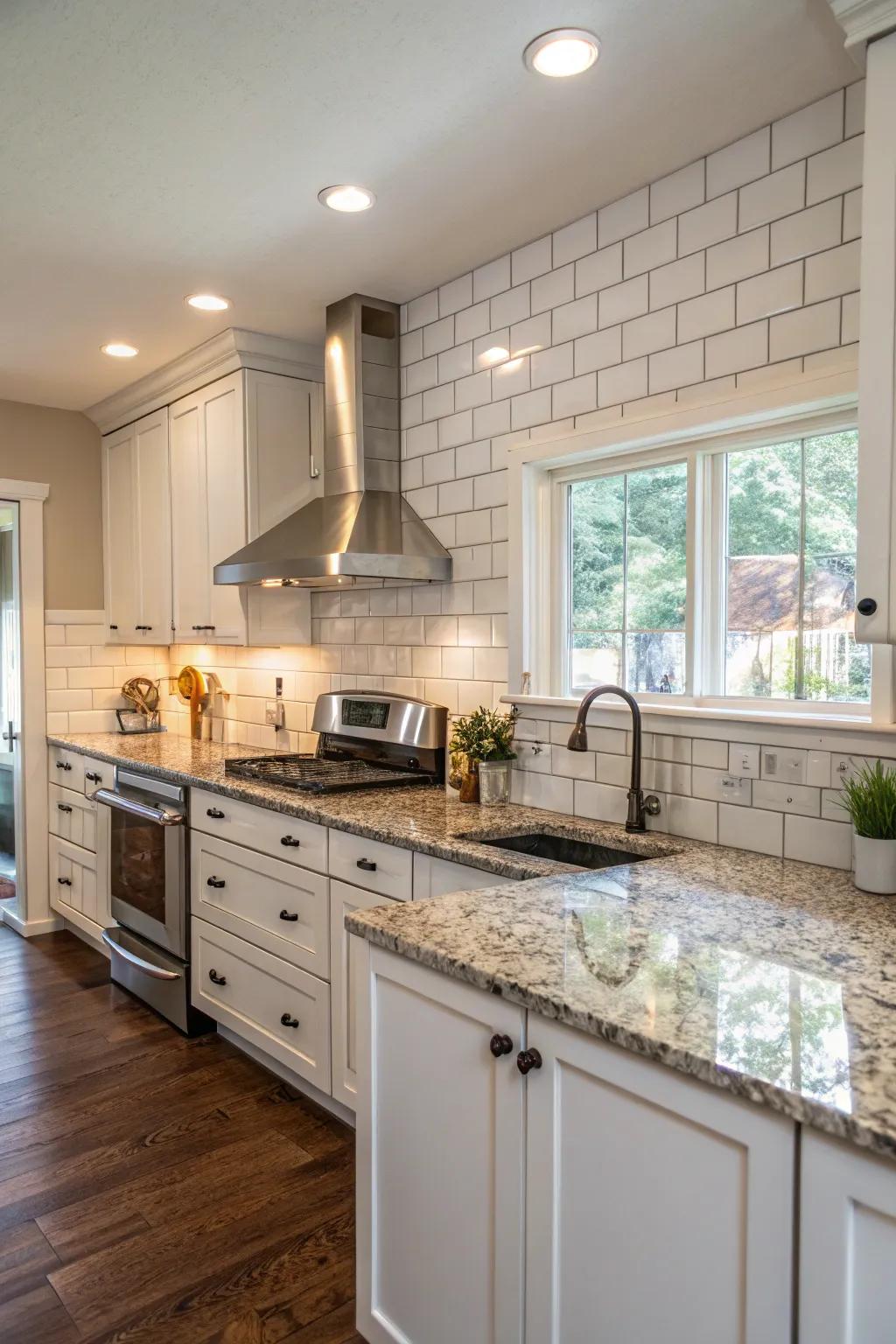 Ageless kitchen showcasing granite counters and classic tiles.