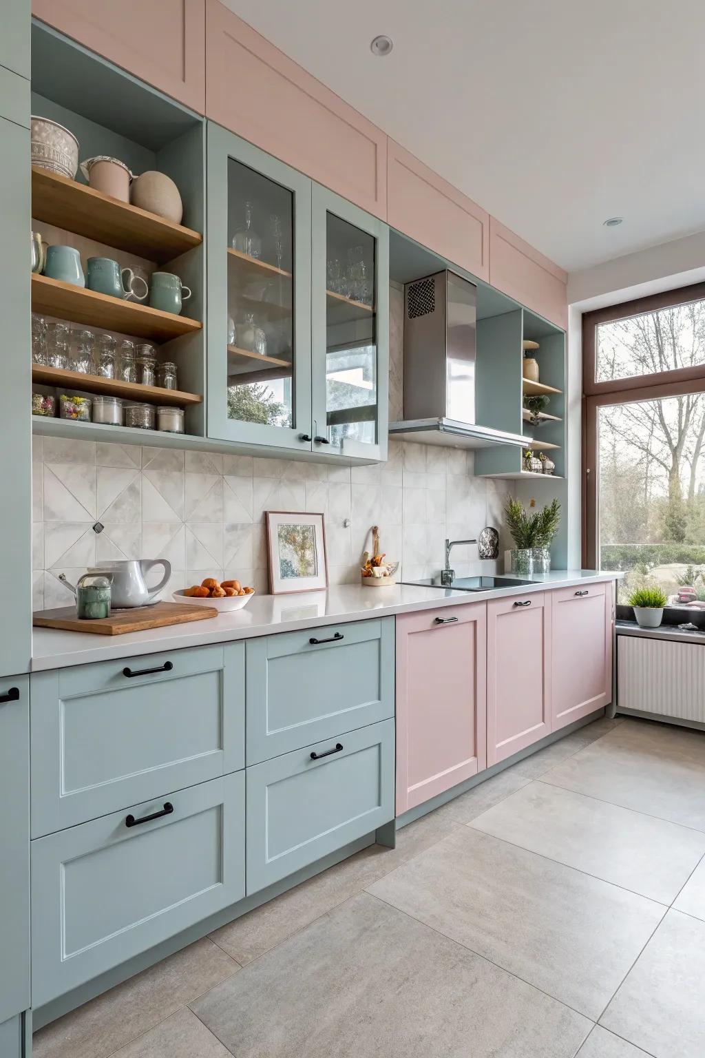 Contrasting cabinets infuse the kitchen with both vibrancy and personality.