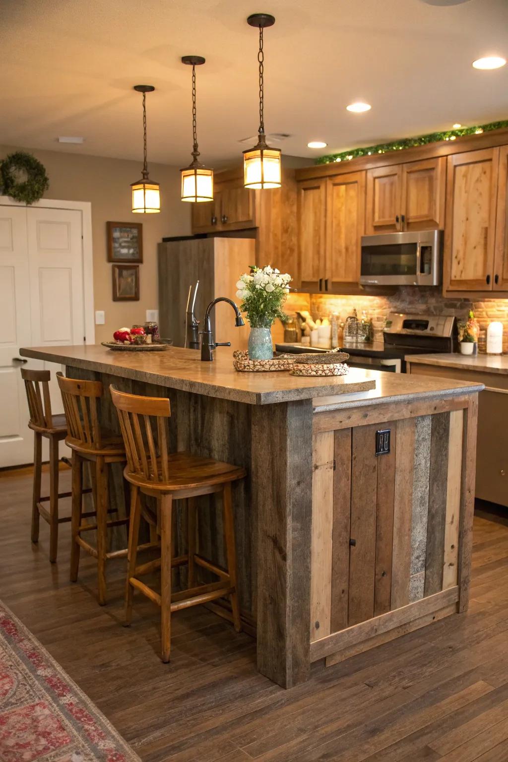 An island featuring a rear panel fashioned from recovered wood, imparting rustic allure and warmth.