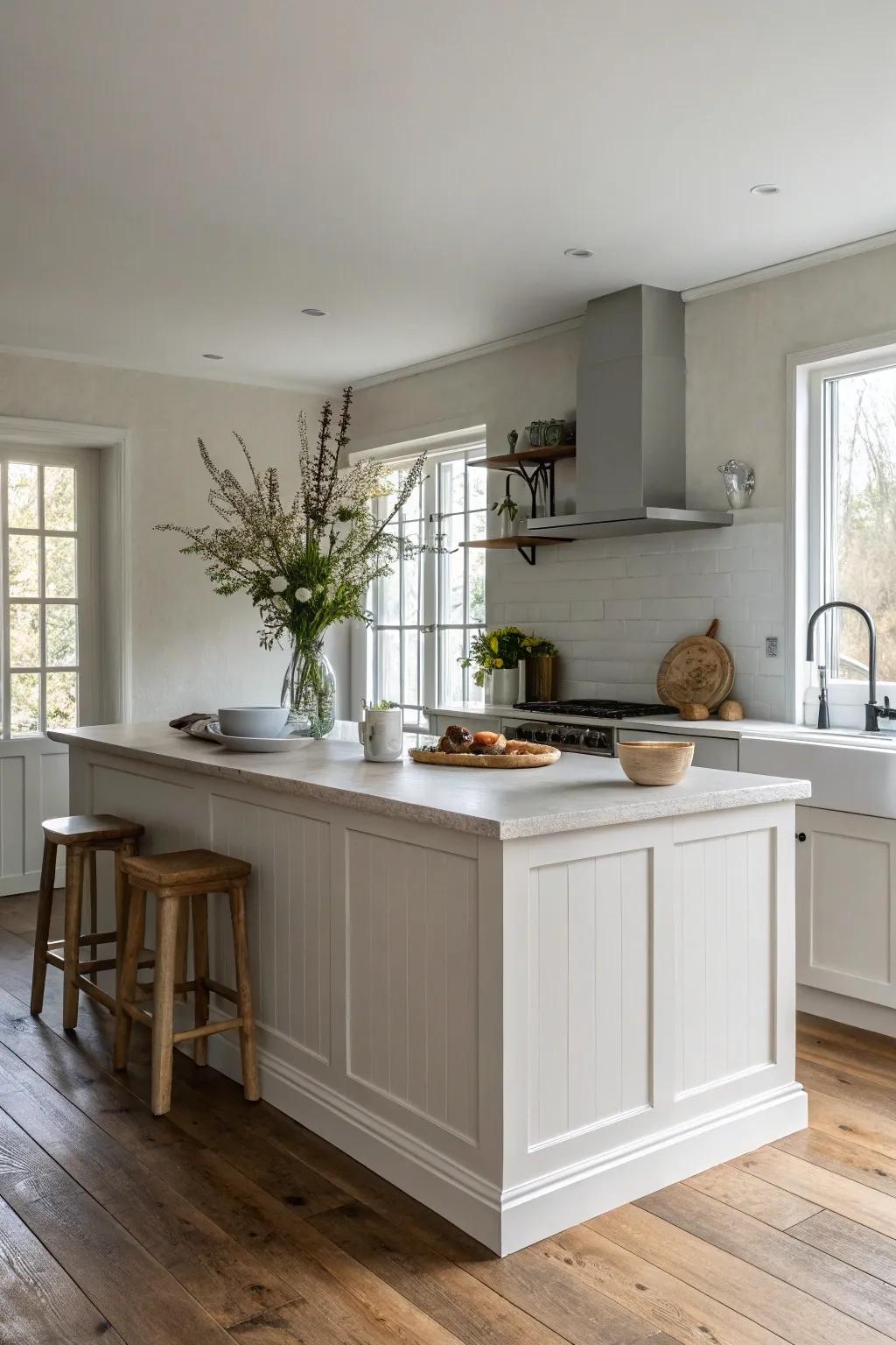 A traditional white kitchen island radiates refinement and simplicity within a snug kitchen setting.