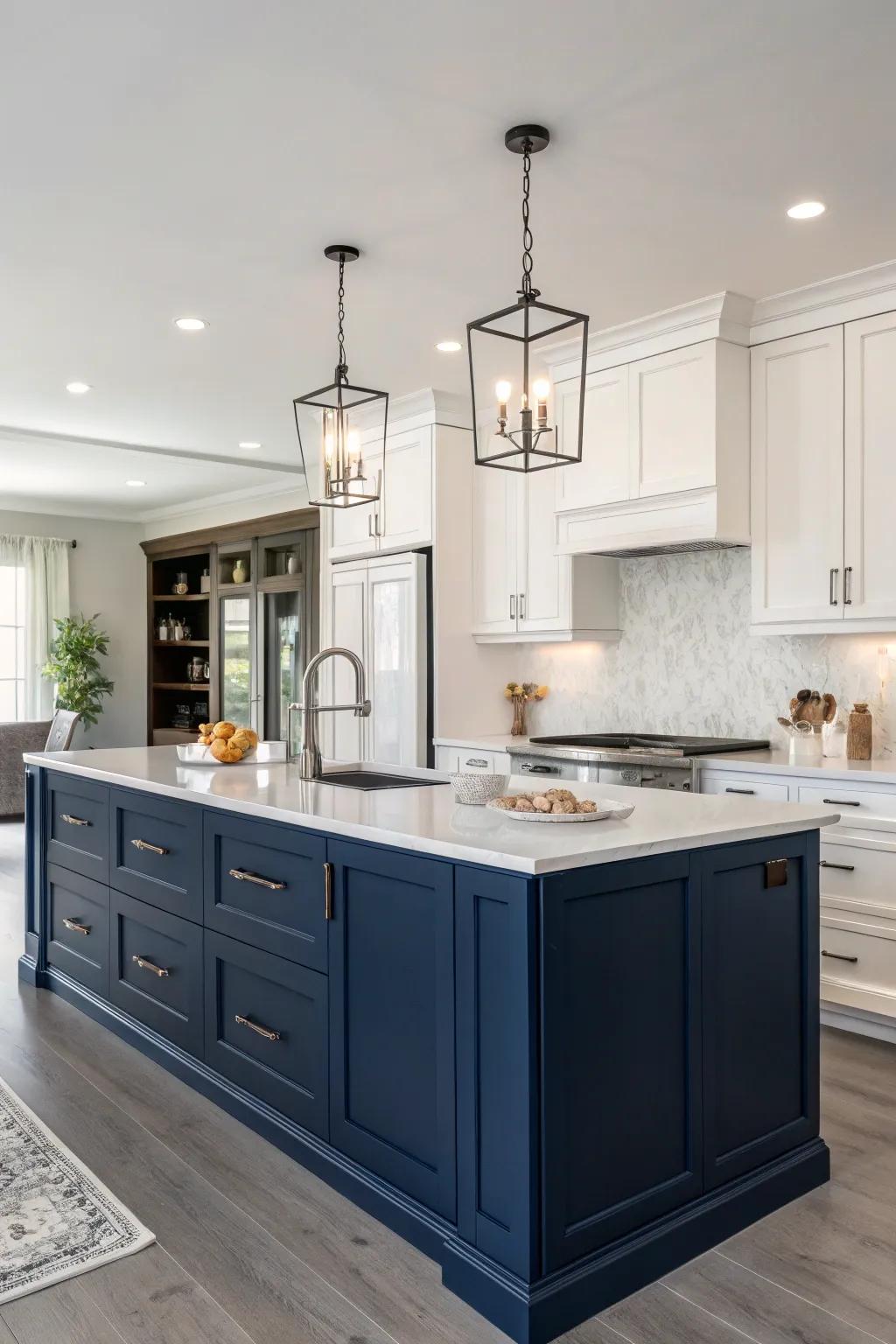 A kitchen featuring a deep navy blue island contrasted with white cabinets, creating a sophisticated vibe.