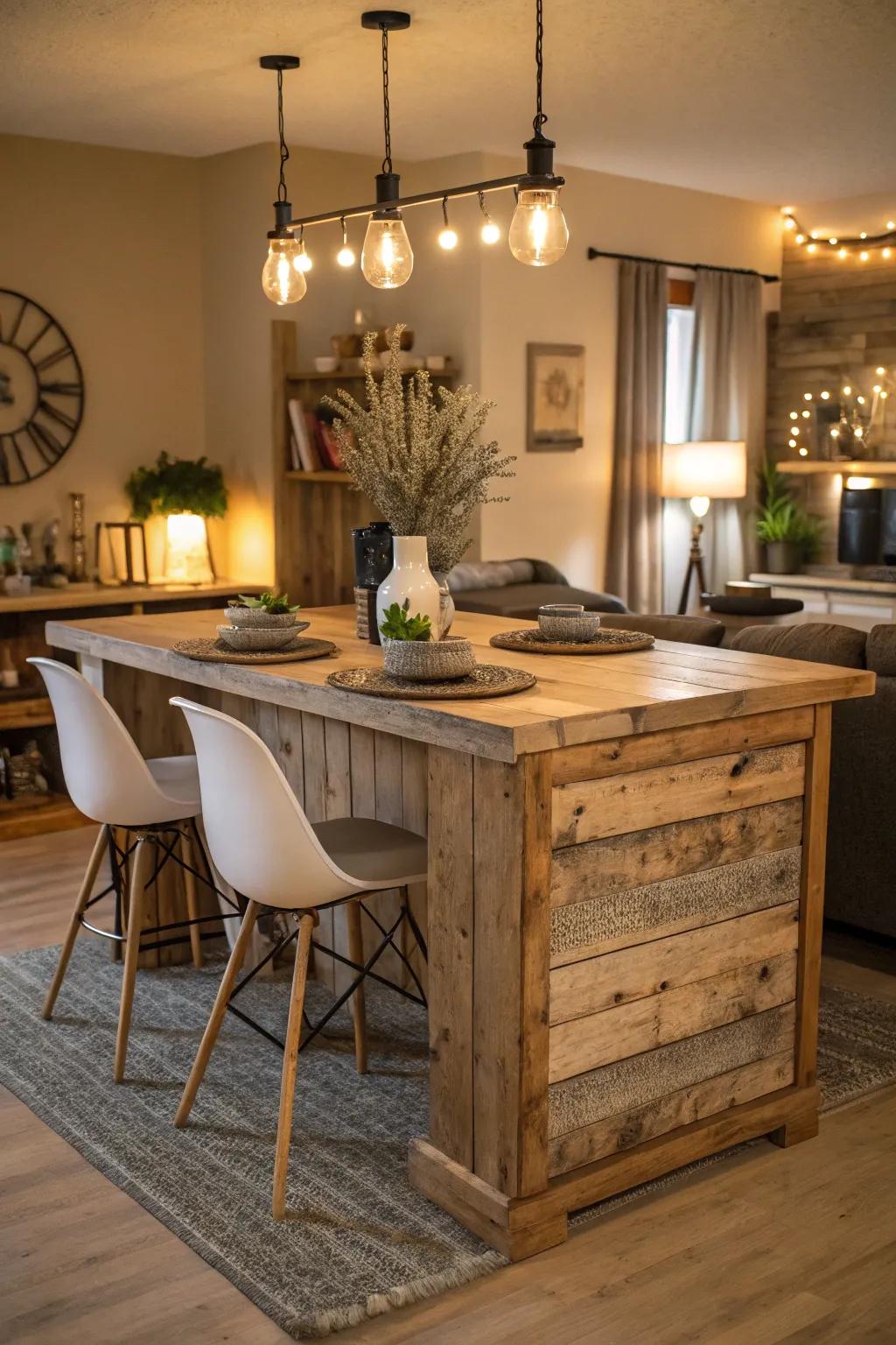 Rustic and modern elements blend seamlessly in this kitchen island dining table combo.