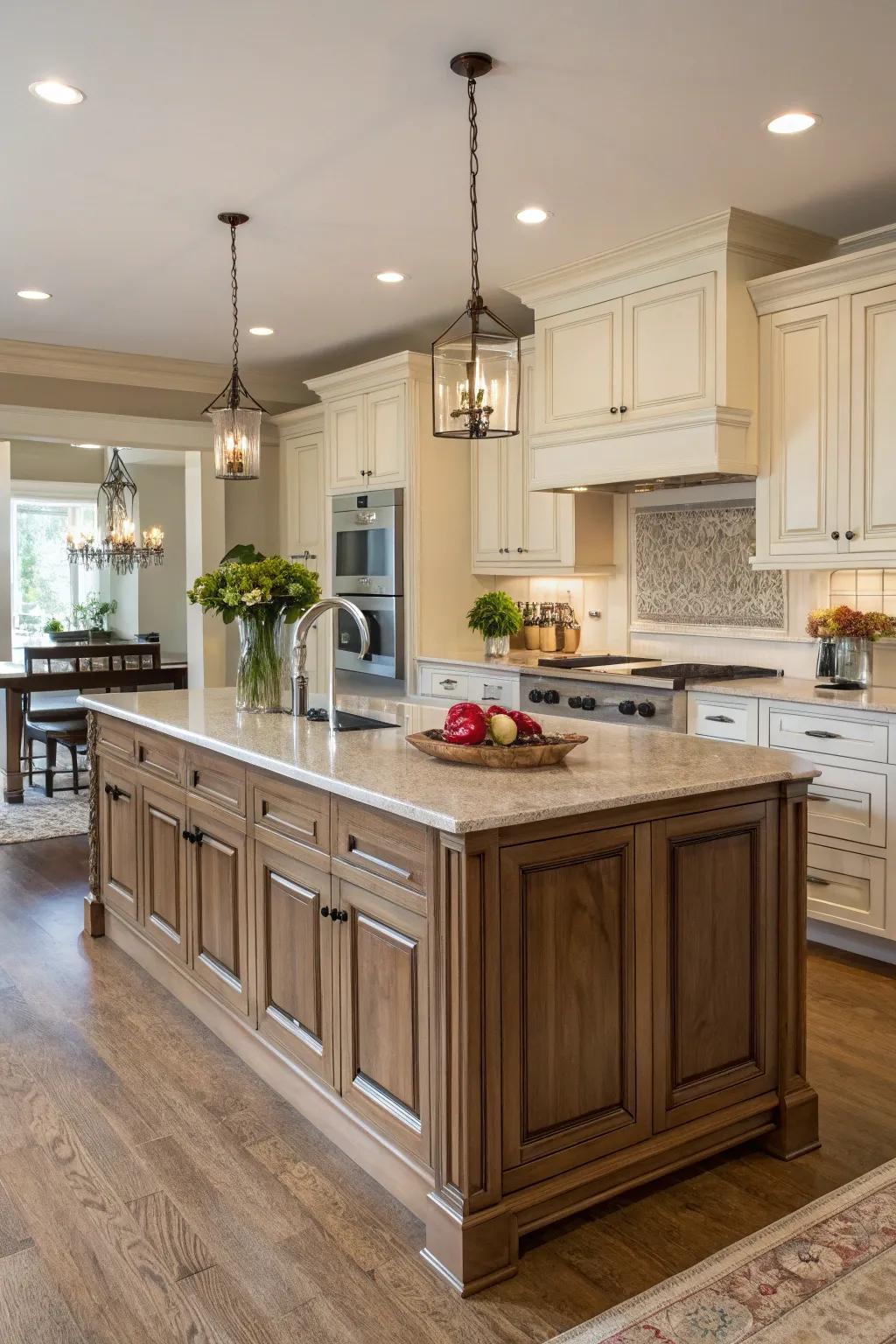 Kitchen island featuring classic paneling for a sophisticated look.