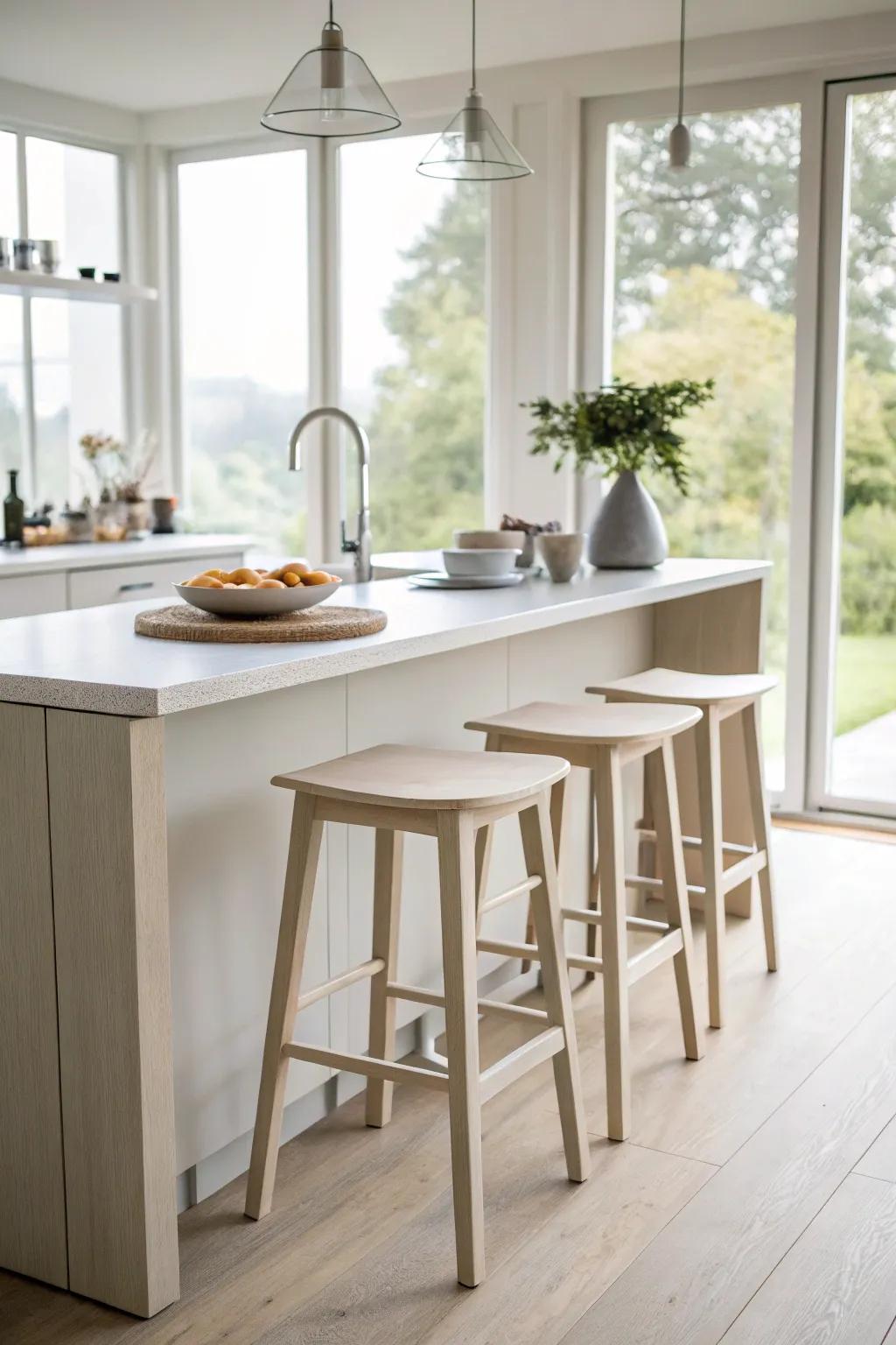 Backless stools are a minimalist choice for kitchen island seating, promoting an open feel.