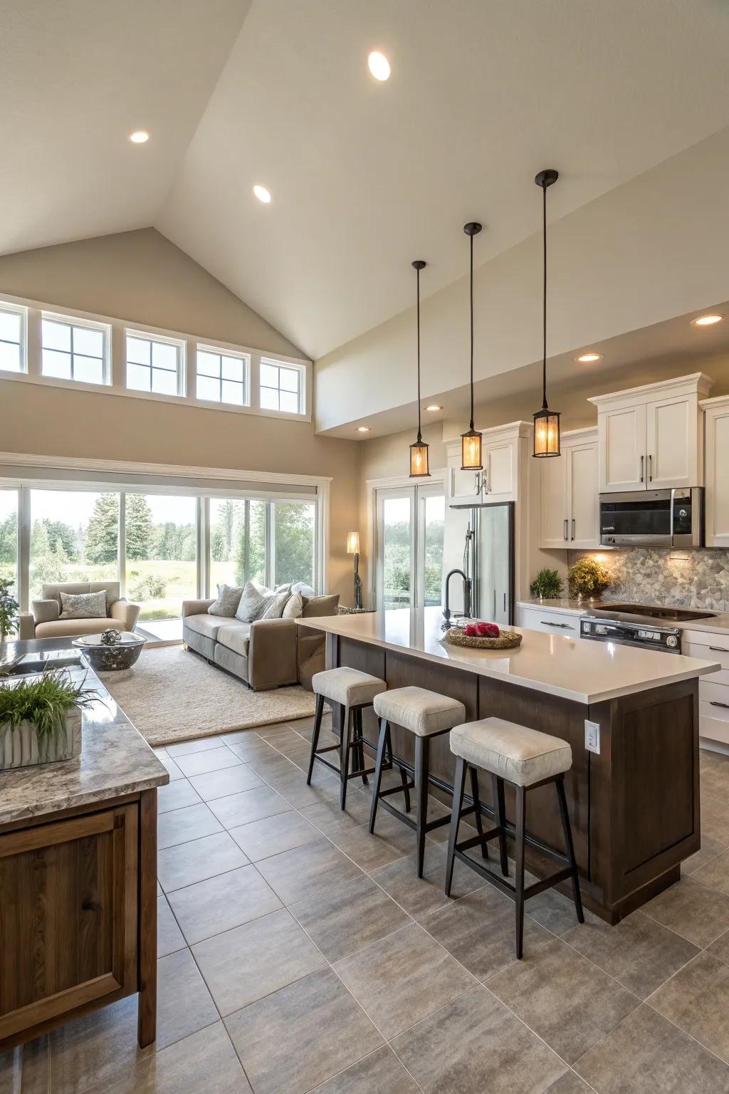 A kitchen showcasing an open layout, smoothly transitioning into the living space.