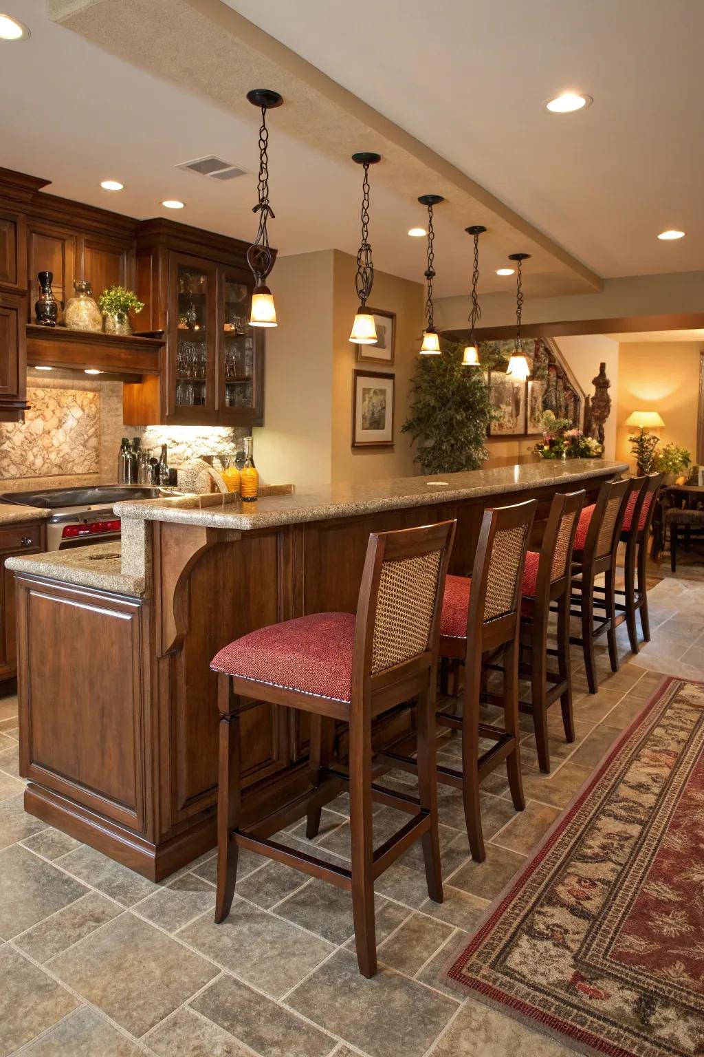 A kitchen peninsula with integrated seating, creating a warm ambiance.