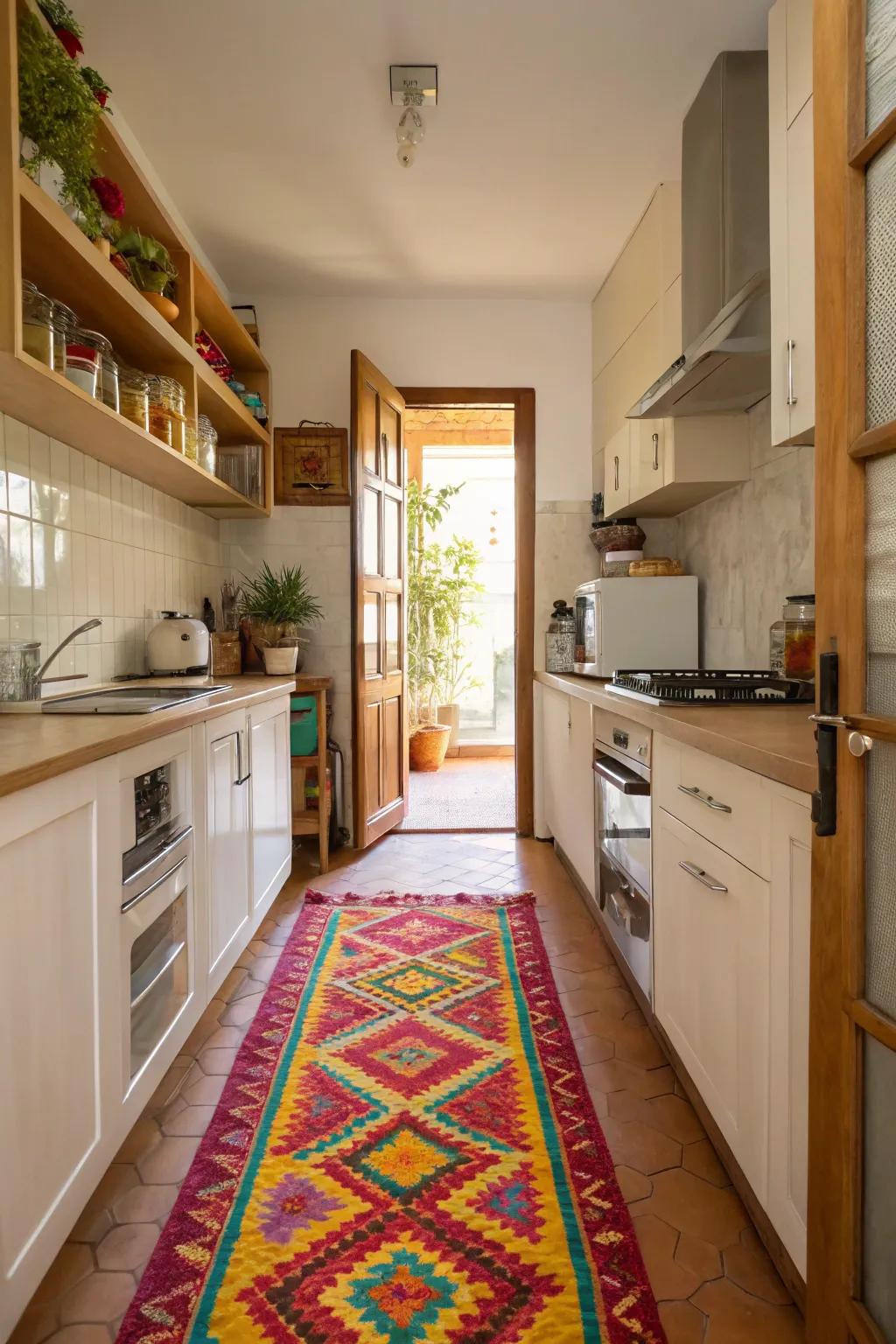 A lively long rug has the power to rejuvenate a confined kitchen area.