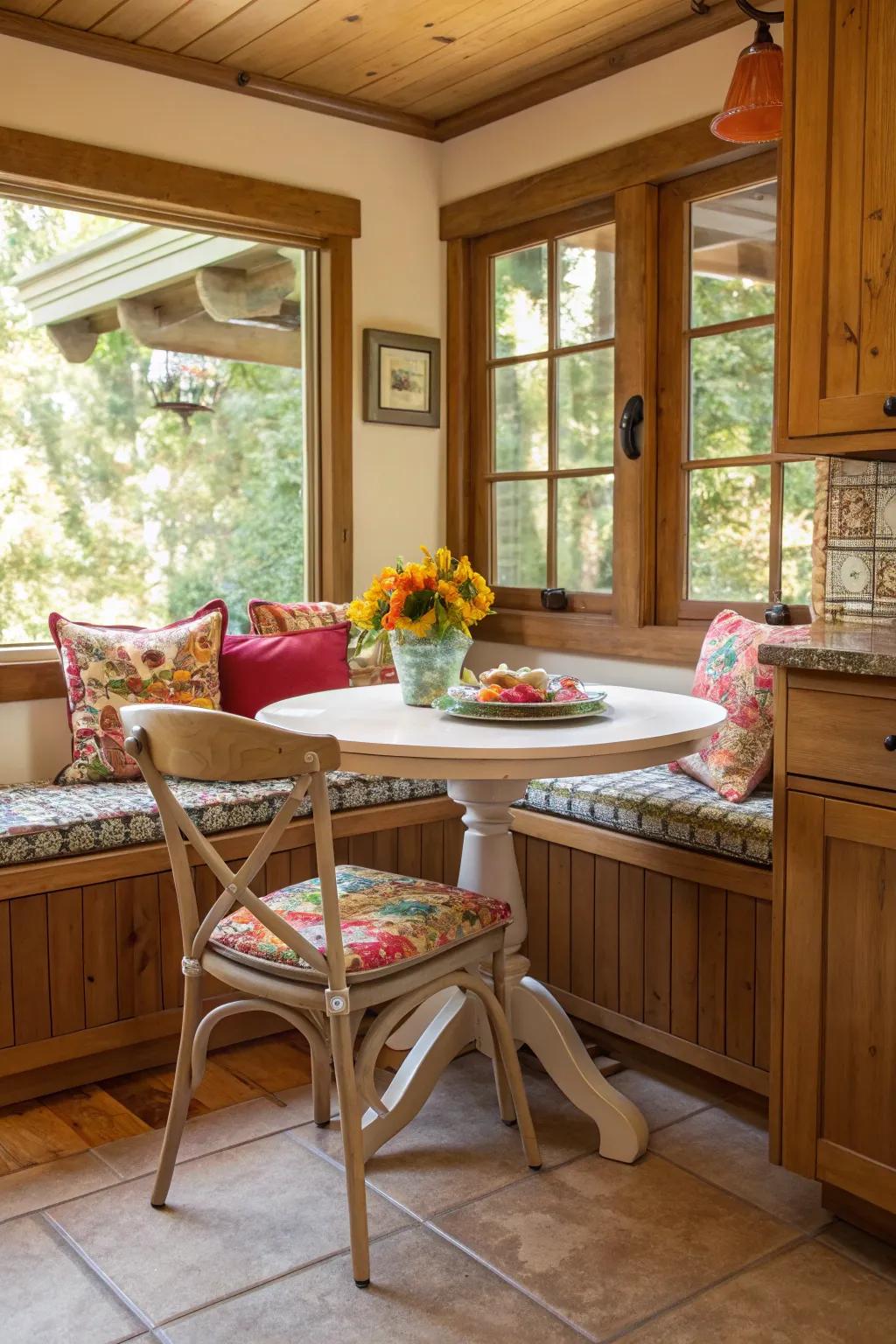 A snug breakfast nook, ideal for laid-back meals and morning coffee.