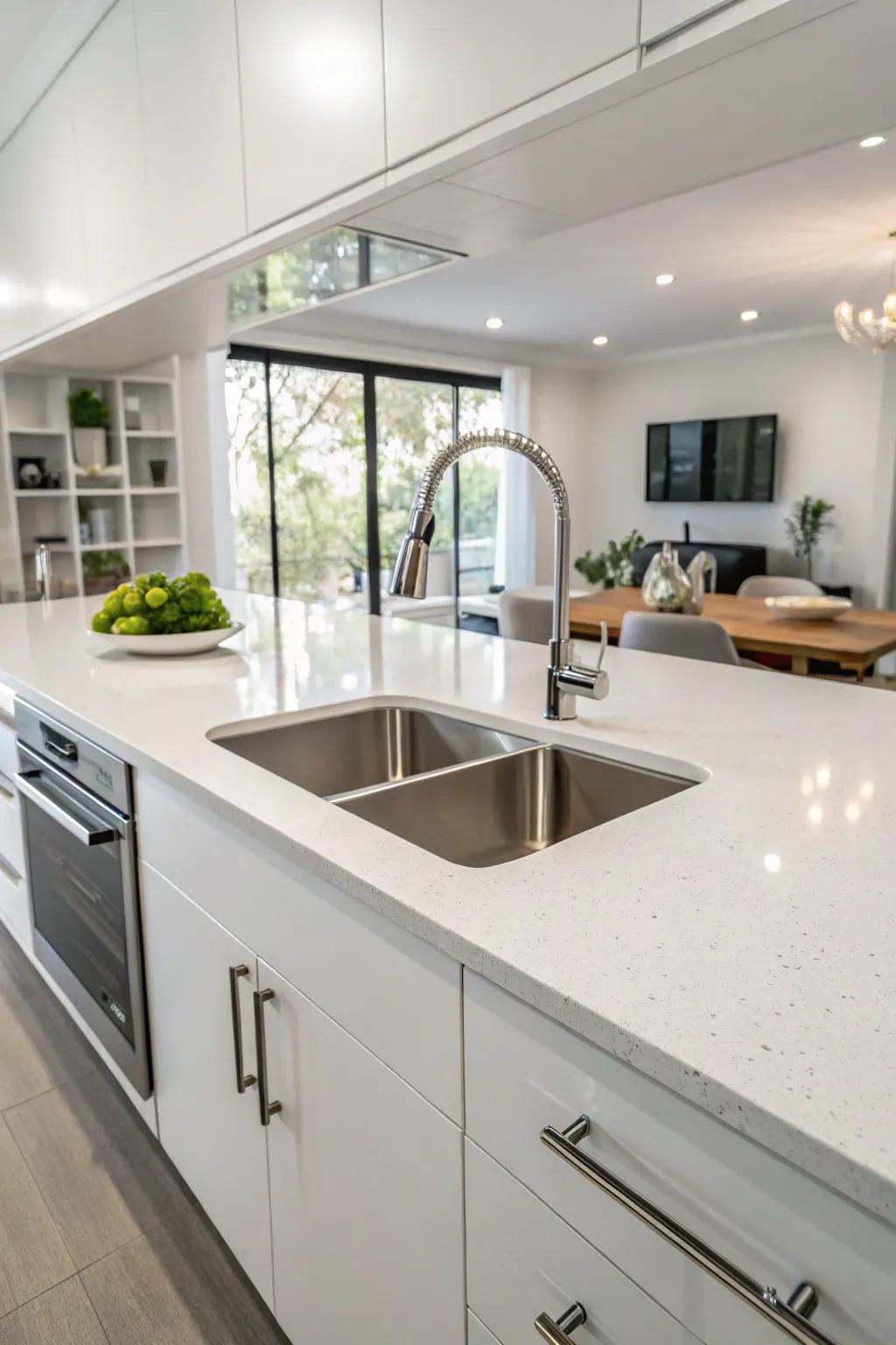 A minimalist kitchen featuring a seamless under-mount sink.