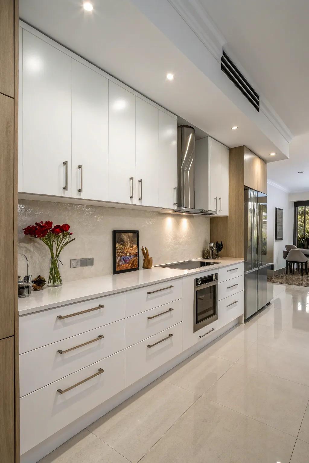 Cabinets reaching to the ceiling, providing a sleek, spacious kitchen design.