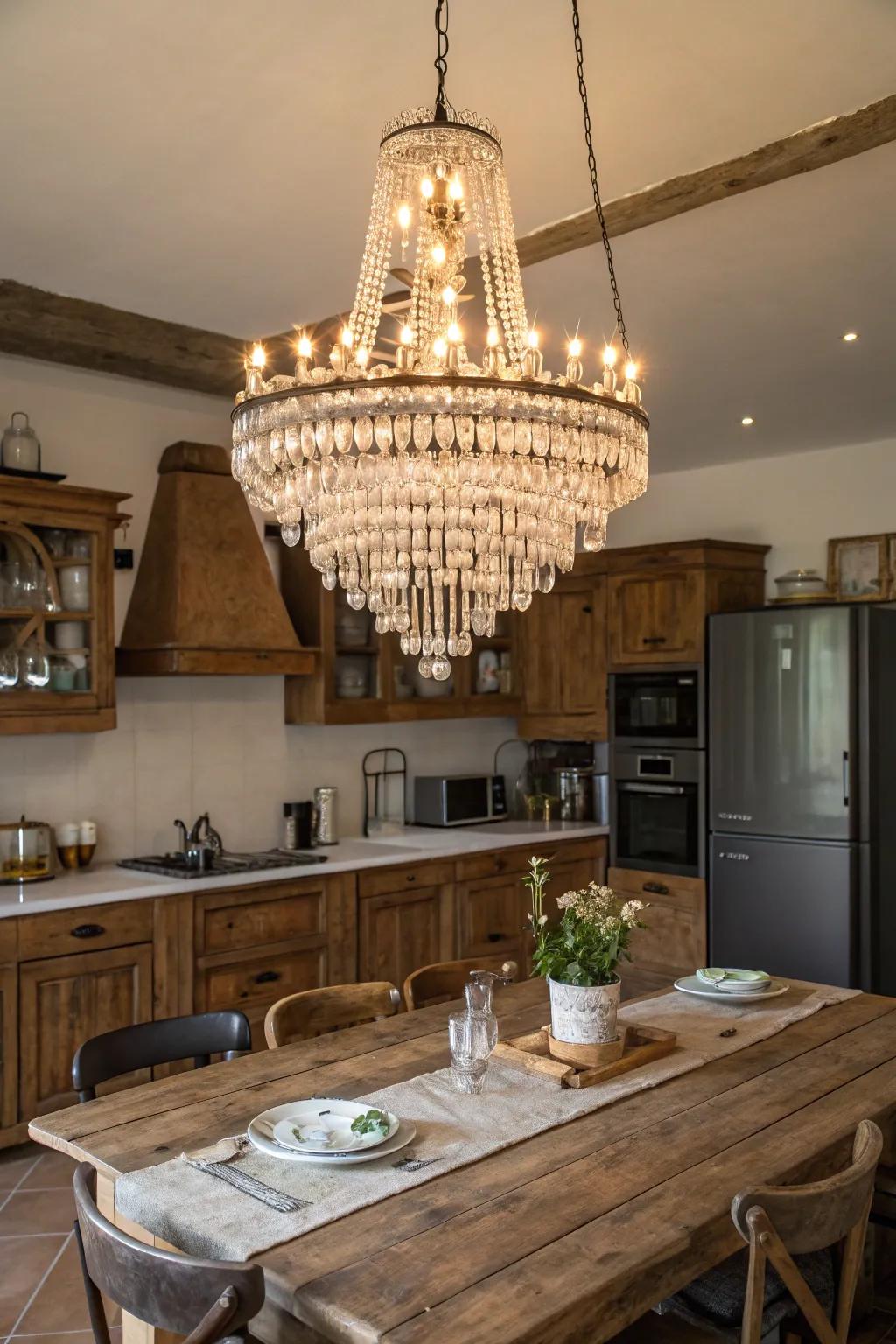 An elegant chandelier adds sophistication to any kitchen.